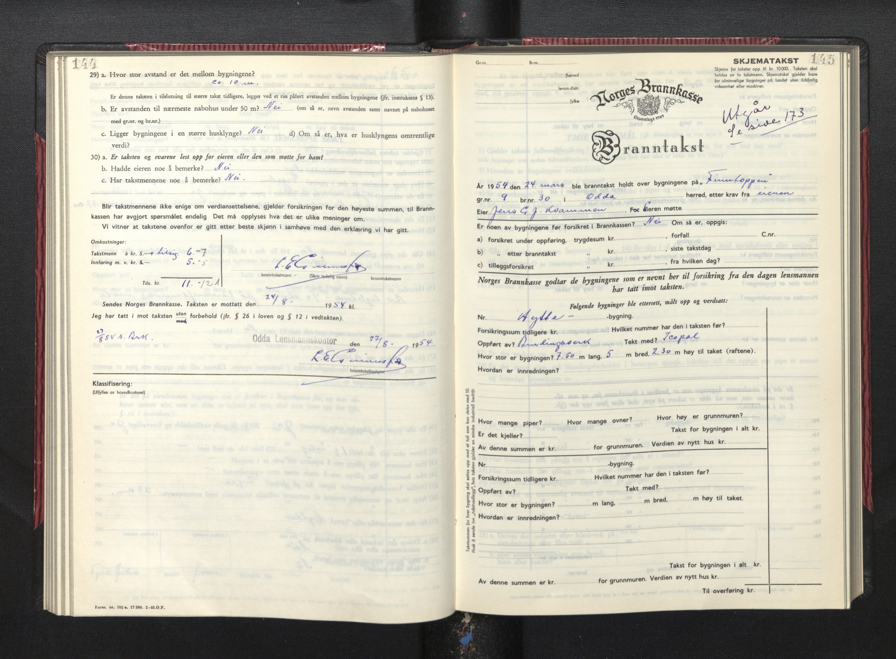 Lensmannen i Odda, AV/SAB-A-34001/0012/L0004: Branntakstprotokoll, skjematakst, 1950-1955, p. 144-145