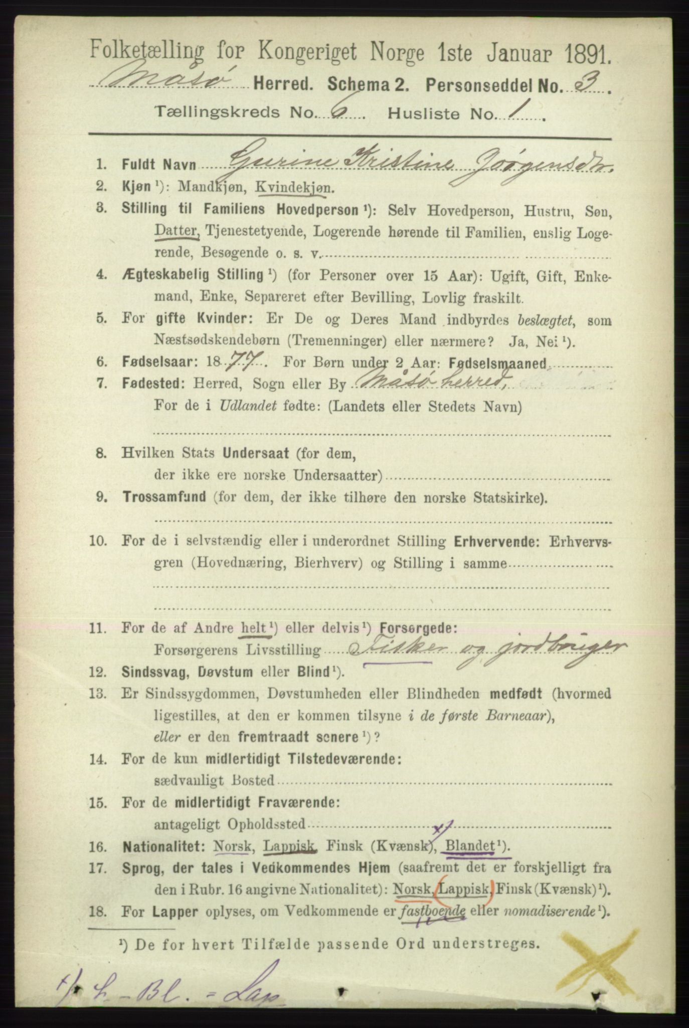 RA, 1891 census for 2018 Måsøy, 1891, p. 1124