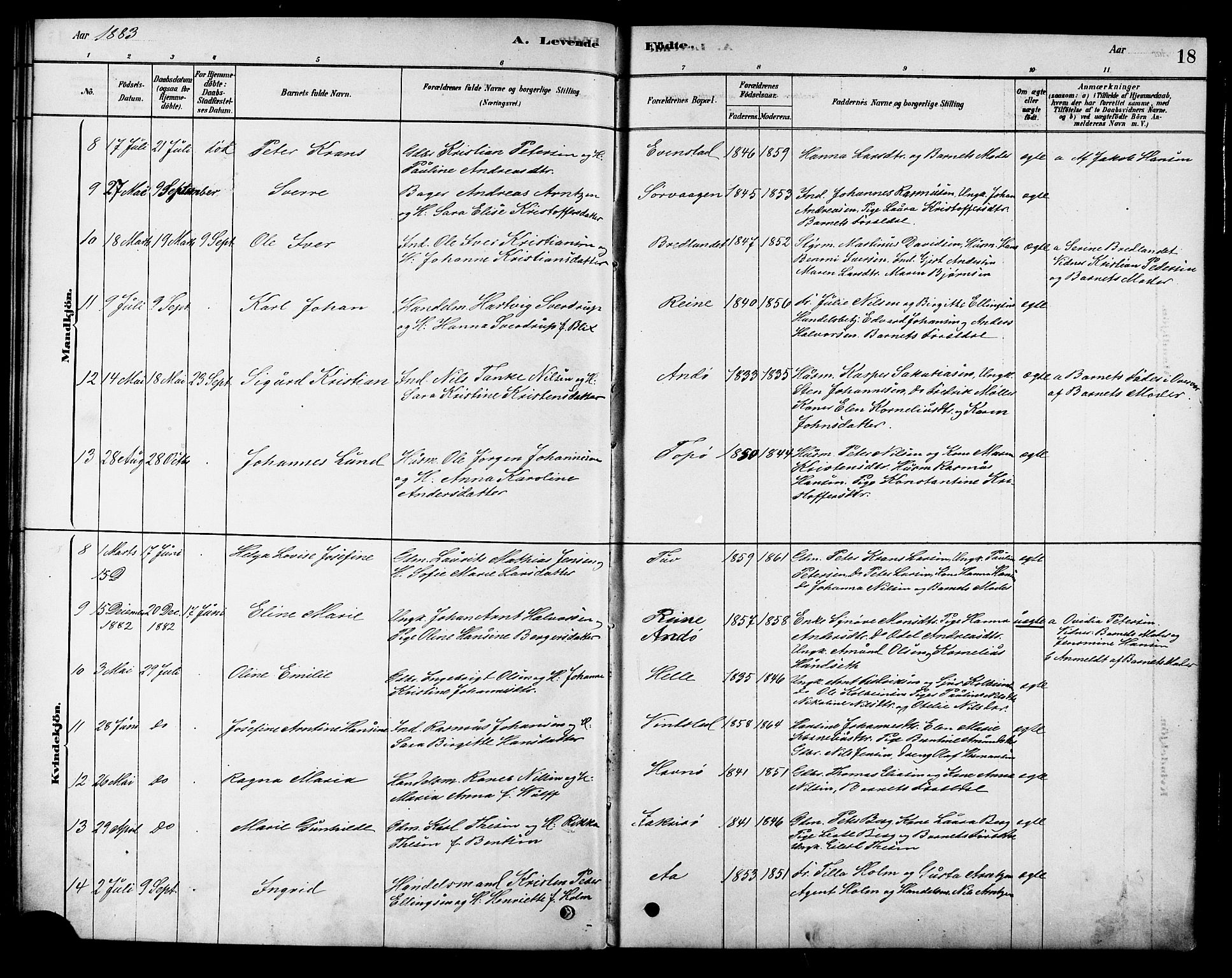 Ministerialprotokoller, klokkerbøker og fødselsregistre - Nordland, SAT/A-1459/886/L1219: Parish register (official) no. 886A01, 1878-1892, p. 18