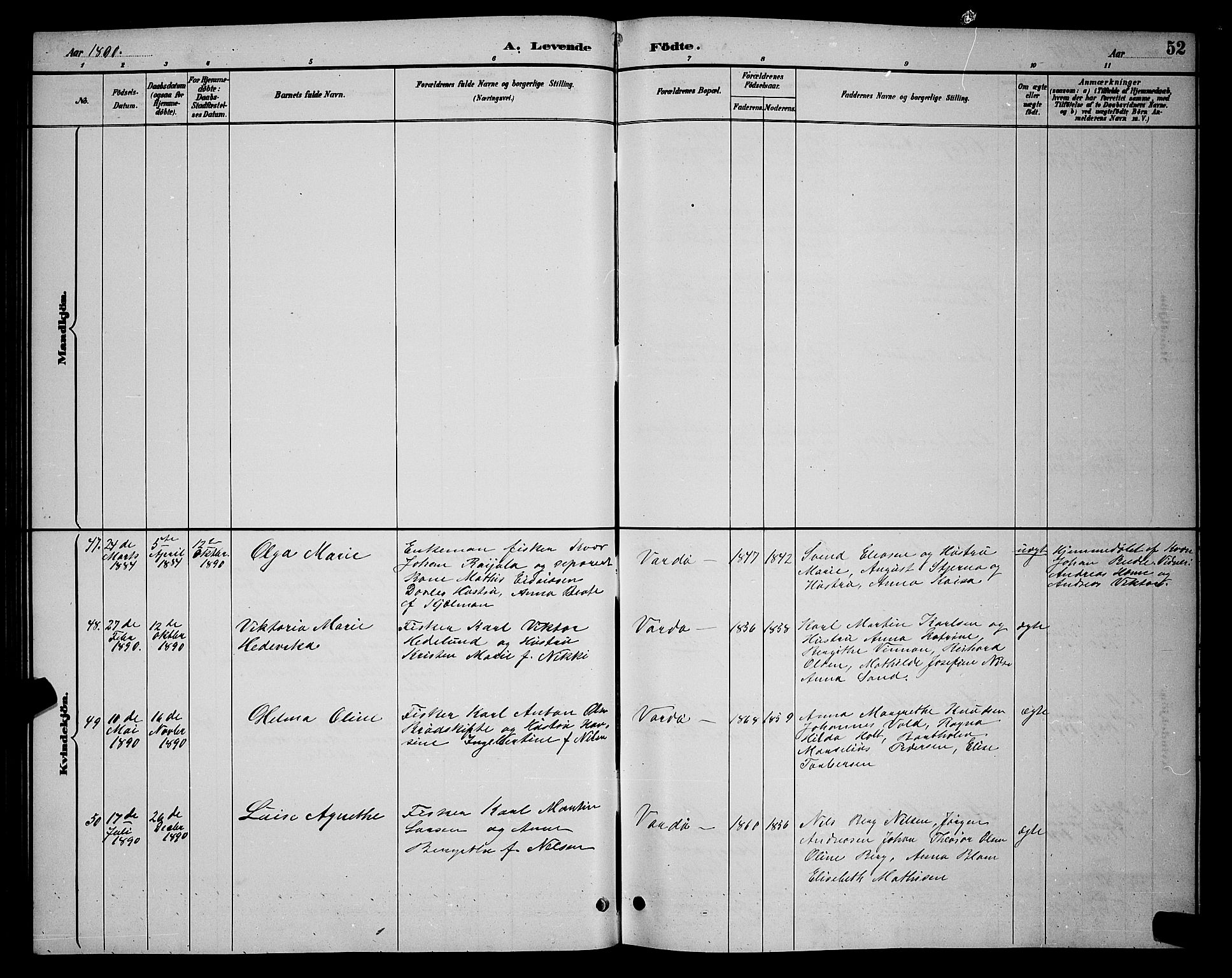 Vardø sokneprestkontor, AV/SATØ-S-1332/H/Hb/L0005klokker: Parish register (copy) no. 5, 1887-1892, p. 52