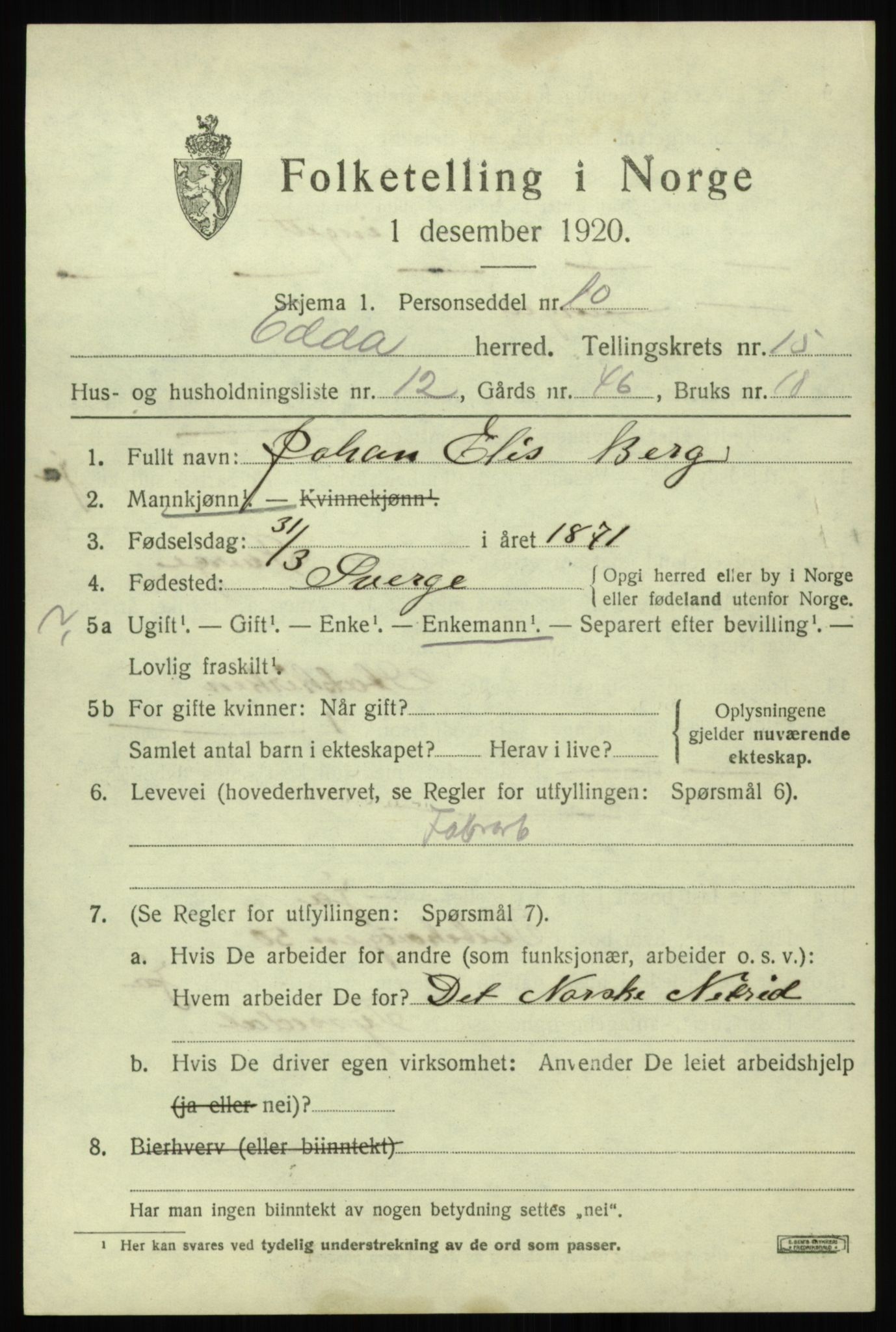 SAB, 1920 census for Odda, 1920, p. 13243