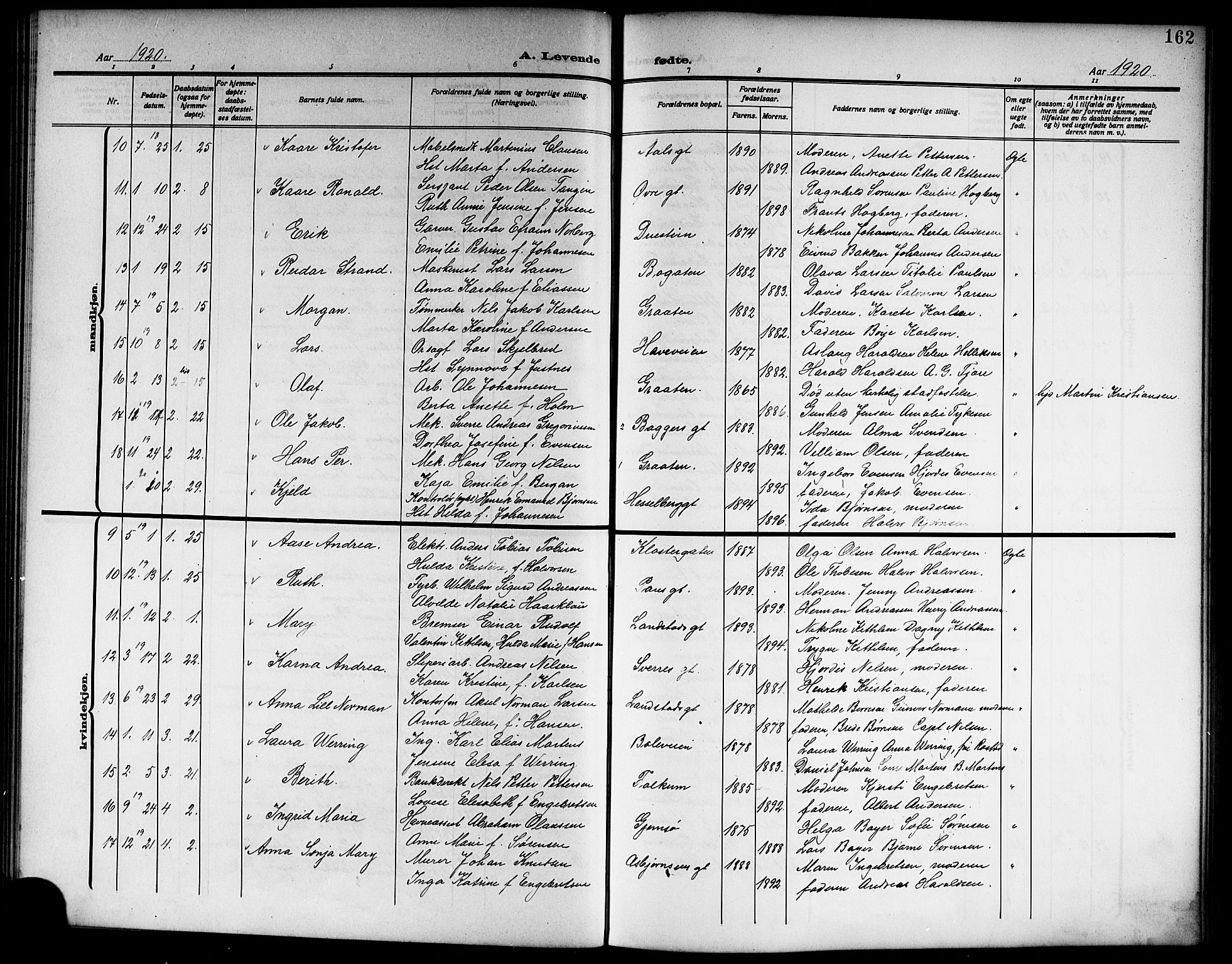 Skien kirkebøker, SAKO/A-302/G/Ga/L0009: Parish register (copy) no. 9, 1910-1920, p. 162
