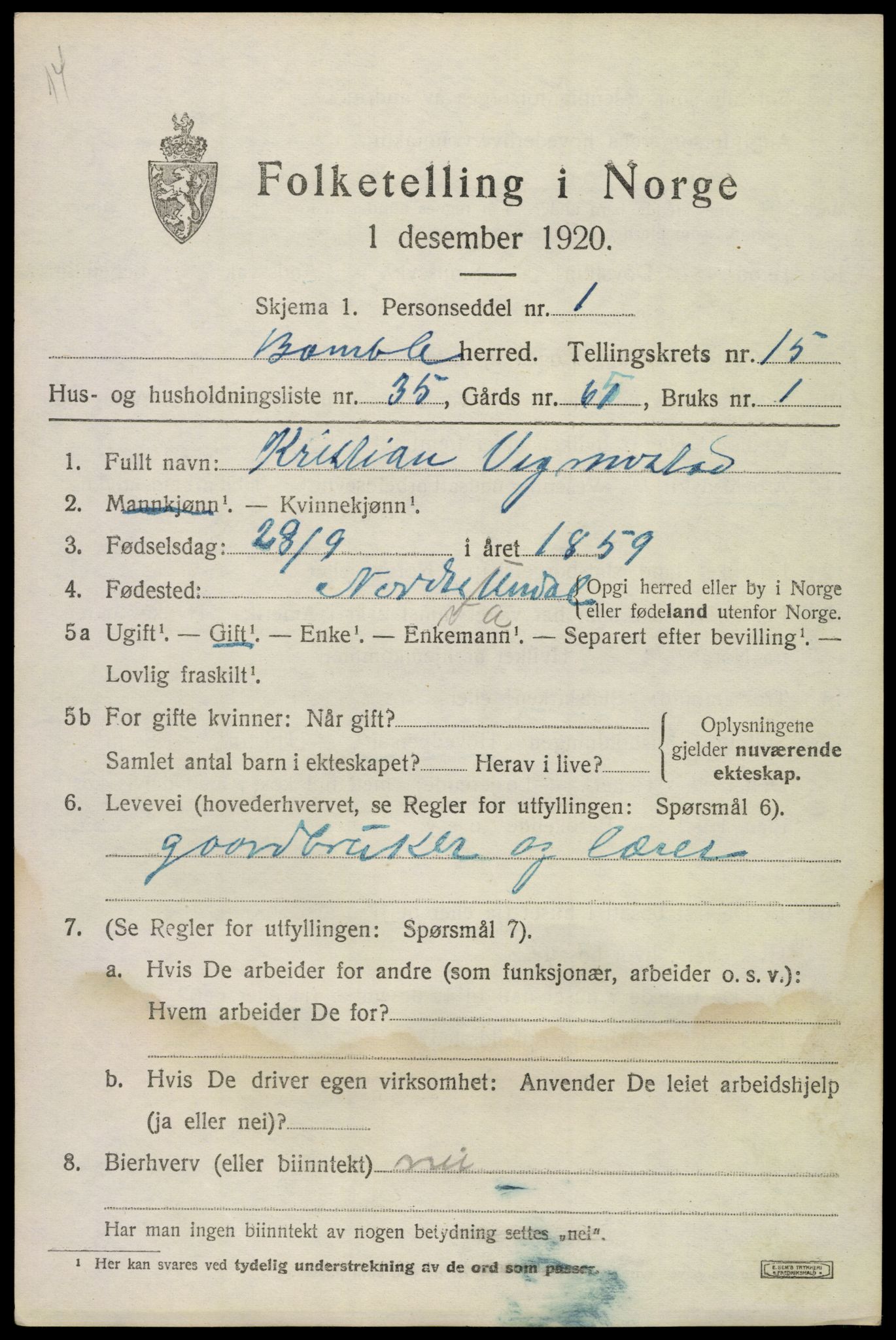 SAKO, 1920 census for Bamble, 1920, p. 11111