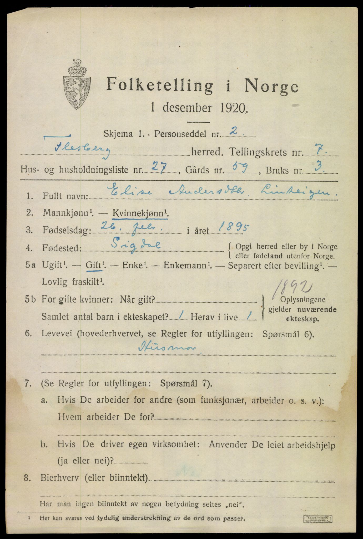 SAKO, 1920 census for Flesberg, 1920, p. 3043