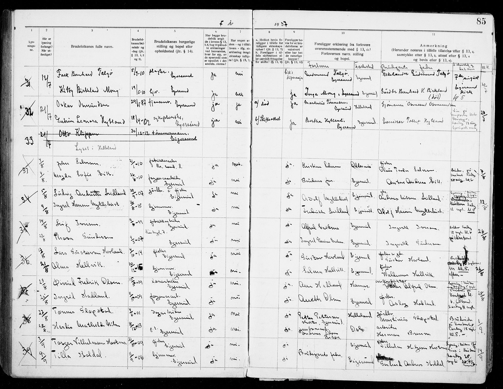 Eigersund sokneprestkontor, AV/SAST-A-101807/S27/L0003: Banns register no. 3, 1919-1939, p. 85