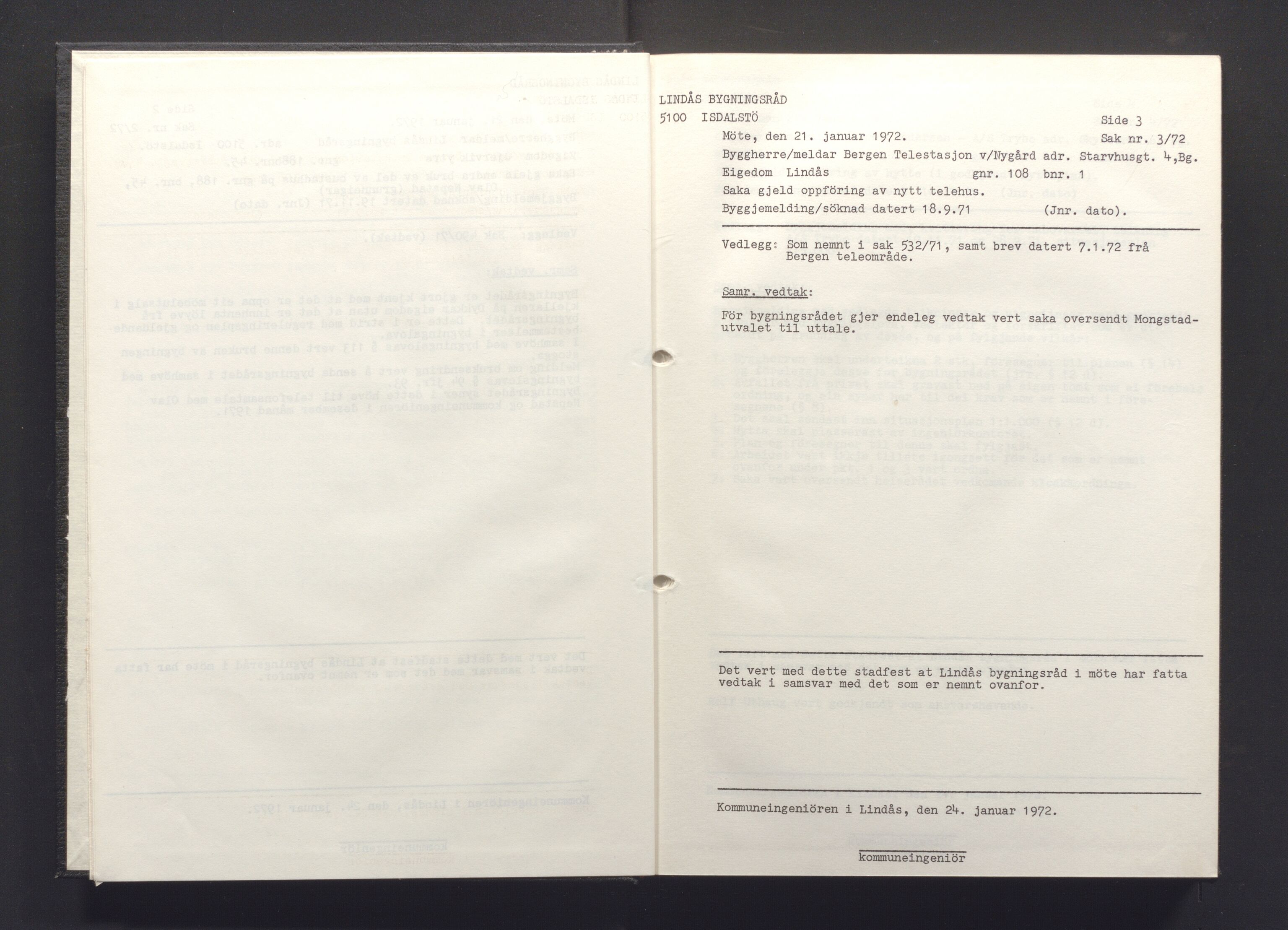 Lindås kommune. Bygningsrådet, IKAH/1263-511/A/Aa/L0009: Møtebok for Lindås bygningsråd, 1972
