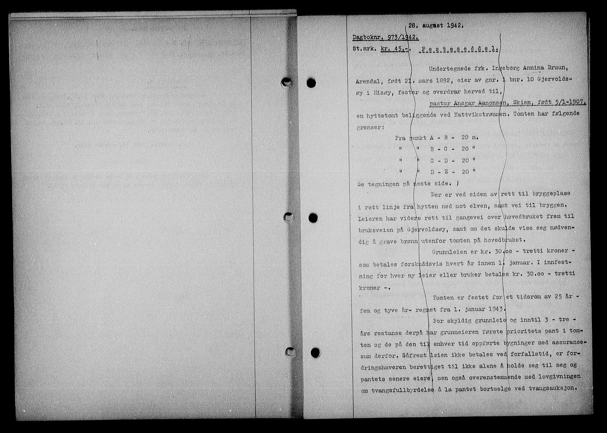 Nedenes sorenskriveri, SAK/1221-0006/G/Gb/Gba/L0049: Mortgage book no. A-III, 1941-1942, Diary no: : 973/1942