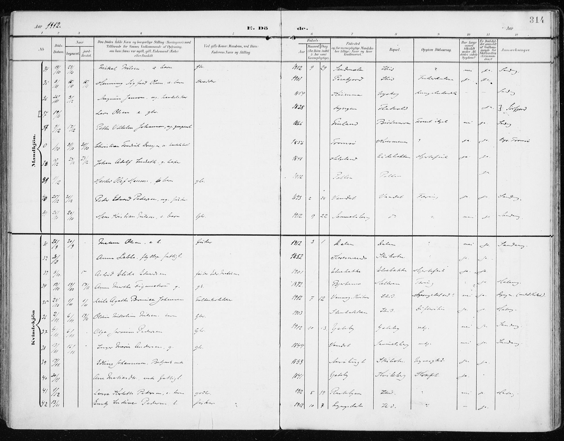 Lyngen sokneprestembete, AV/SATØ-S-1289/H/He/Hea/L0011kirke: Parish register (official) no. 11, 1903-1913, p. 314