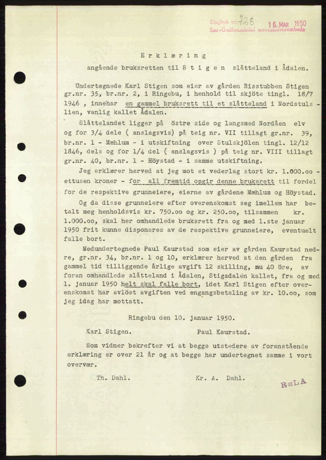 Sør-Gudbrandsdal tingrett, AV/SAH-TING-004/H/Hb/Hbd/L0027: Mortgage book no. A27, 1949-1950, Diary no: : 728/1950