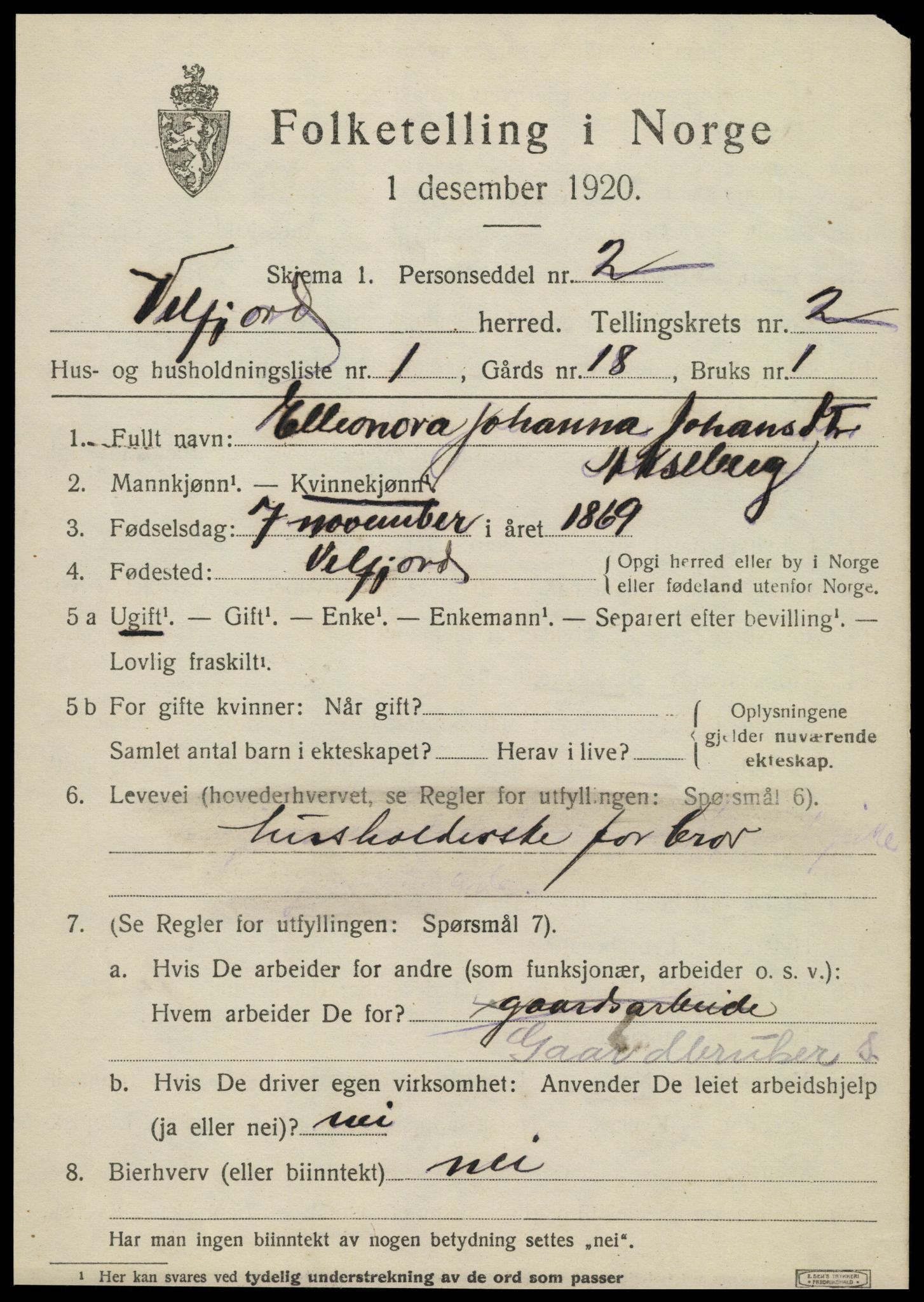 SAT, 1920 census for Velfjord, 1920, p. 1211