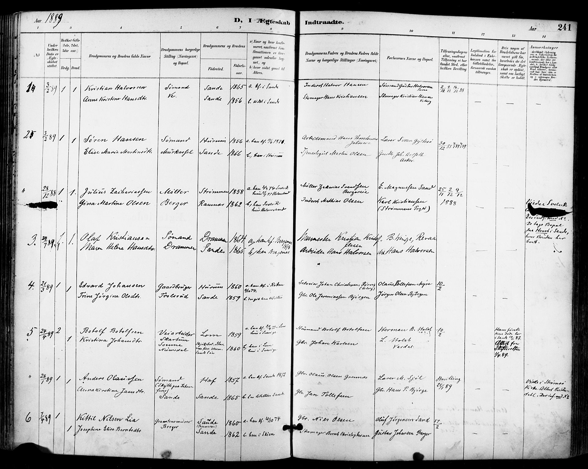 Sande Kirkebøker, AV/SAKO-A-53/F/Fa/L0007: Parish register (official) no. 7, 1888-1903, p. 241