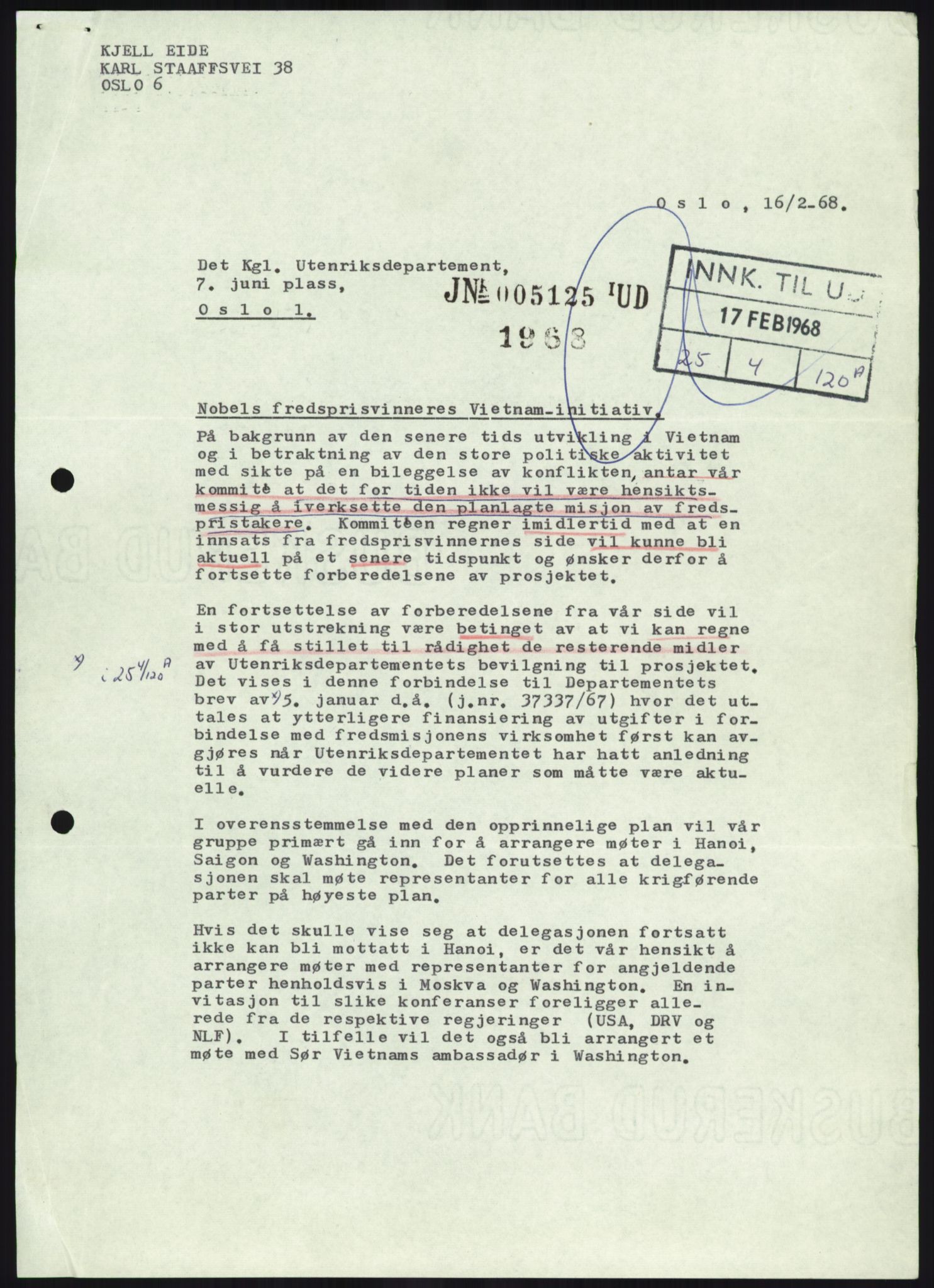 Utenriksdepartementet, hovedarkiv, AV/RA-S-6794/D/Da/Daa/L0969/0001: Verdenspolitikk. Fremmede staters politikk. Generelt / Sør-Vietnam: Nobelpristakeres fredsaksjoner (2 mapper), 1967-1969, p. 505