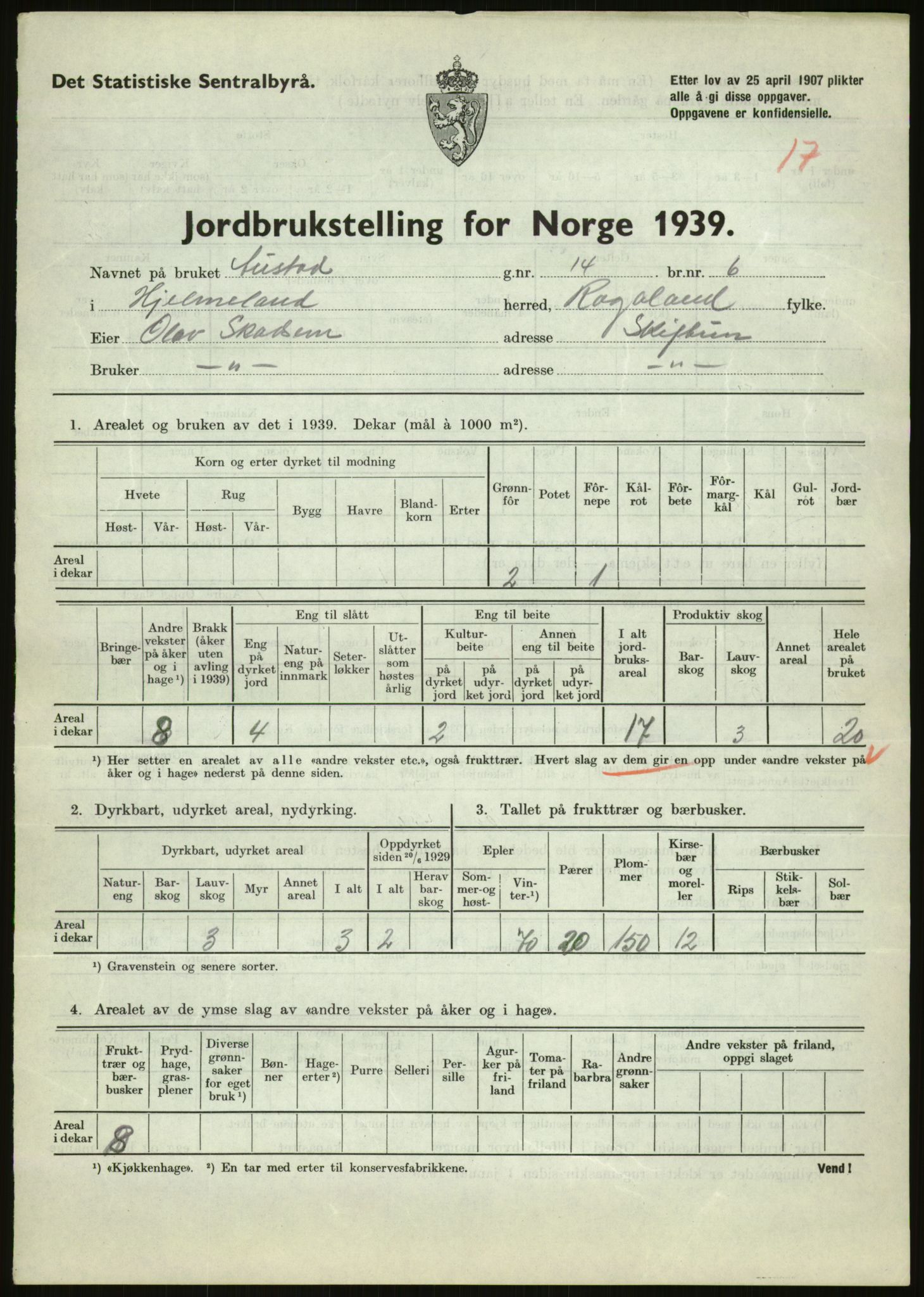 Statistisk sentralbyrå, Næringsøkonomiske emner, Jordbruk, skogbruk, jakt, fiske og fangst, AV/RA-S-2234/G/Gb/L0184: Rogaland: Årdal, Fister og Hjelmeland, 1939, p. 1277