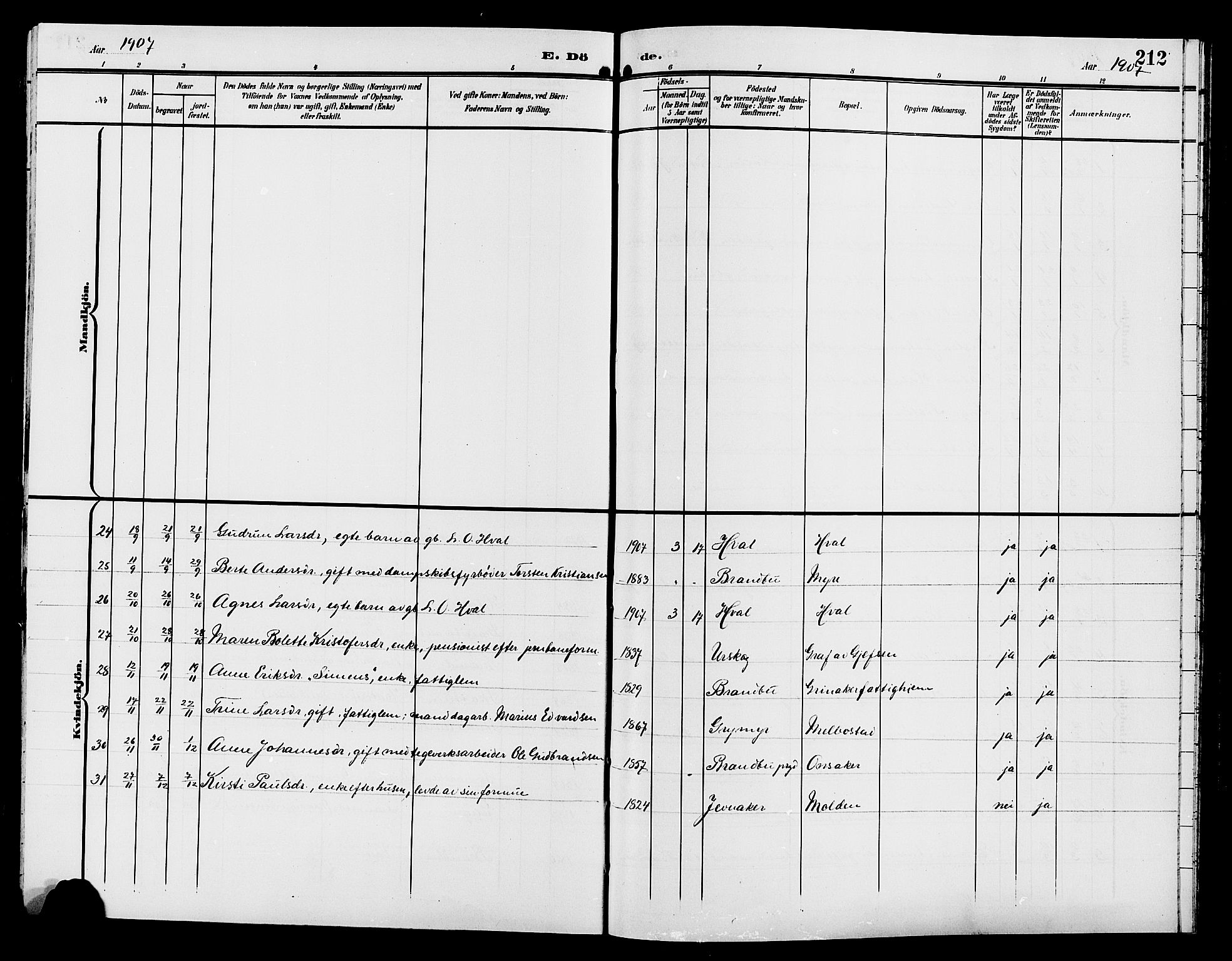 Gran prestekontor, SAH/PREST-112/H/Ha/Hab/L0006: Parish register (copy) no. 6, 1901-1911, p. 212