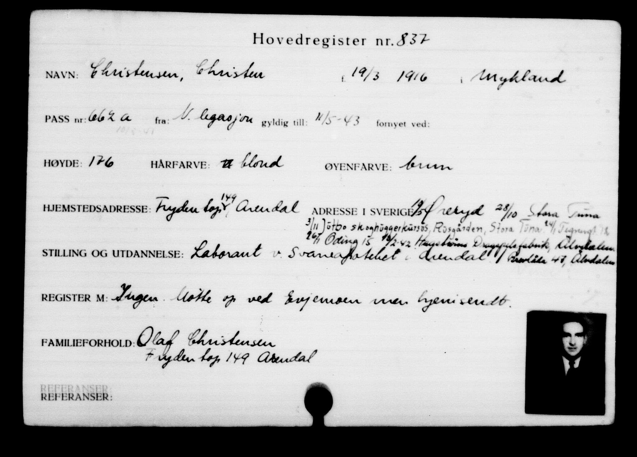 Utenriksstasjonene, Legasjonen i Stockholm, Flyktningkontoret, AV/RA-S-6753/V/Va/L0001: Kjesäterkartoteket, flyktninger med registreringsnr. 1-1000, 1940-1945, p. 1330