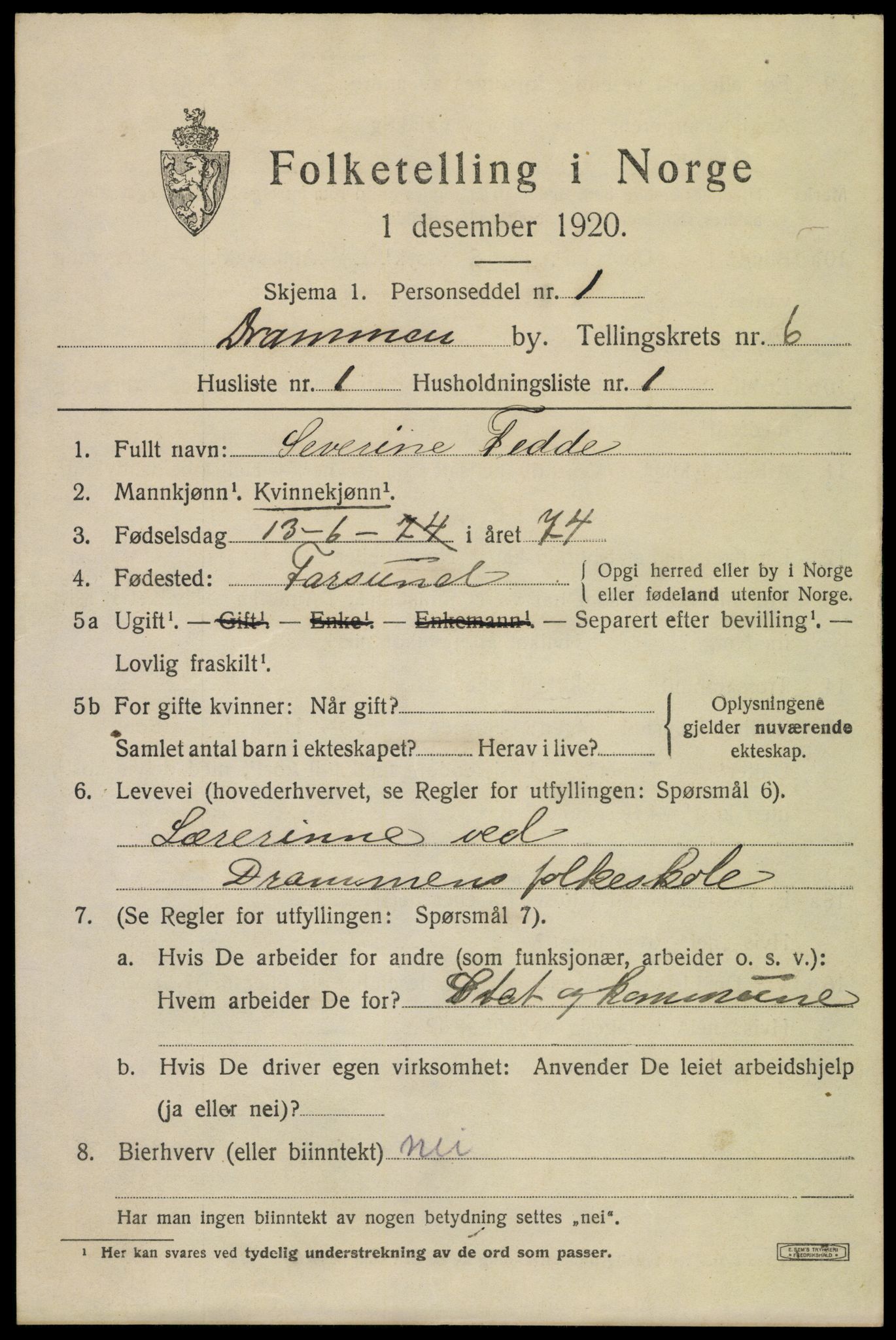 SAKO, 1920 census for Drammen, 1920, p. 40615