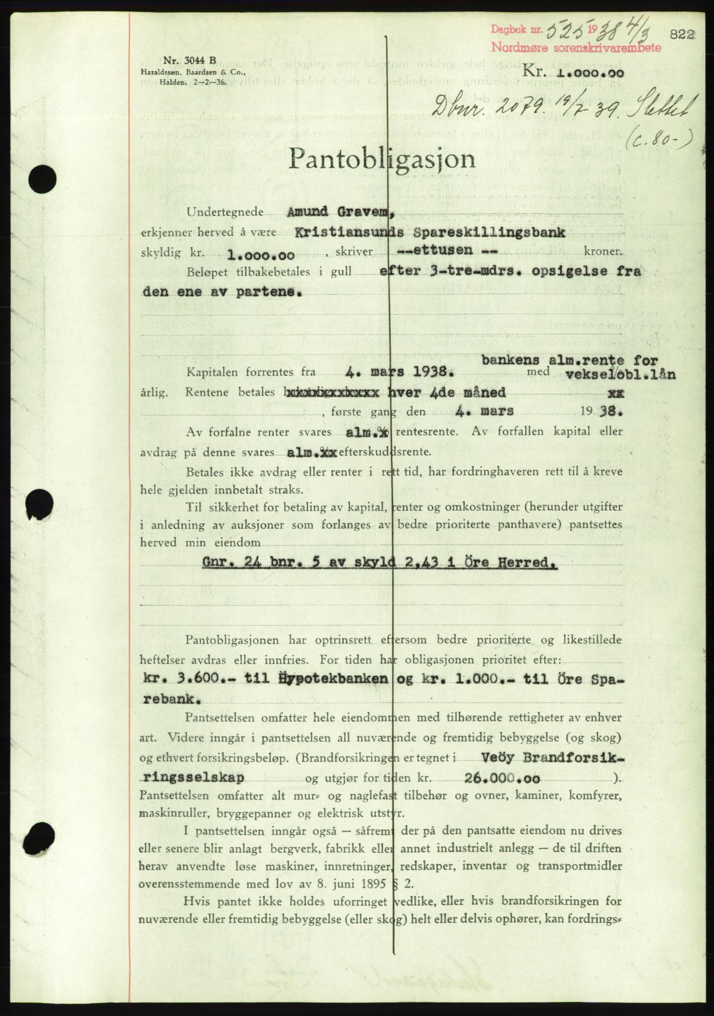 Nordmøre sorenskriveri, AV/SAT-A-4132/1/2/2Ca/L0092: Mortgage book no. B82, 1937-1938, Diary no: : 525/1938