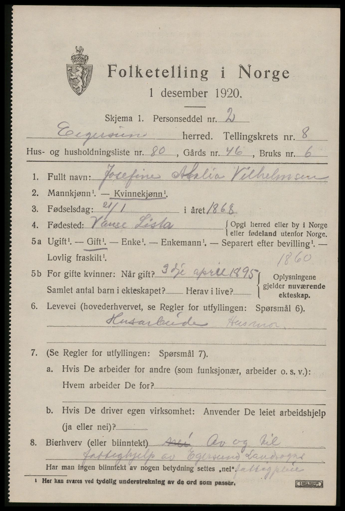 SAST, 1920 census for Eigersund, 1920, p. 5811