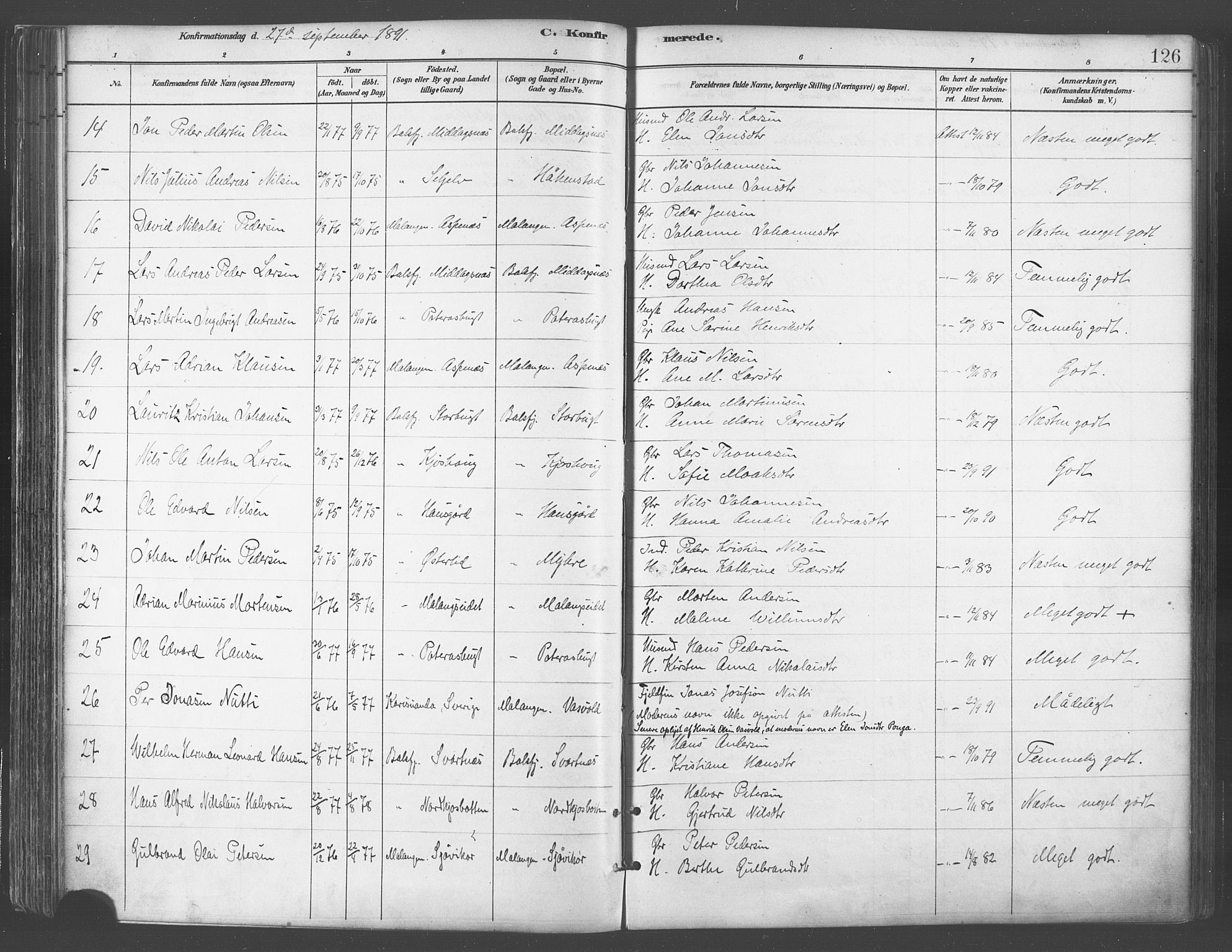 Balsfjord sokneprestembete, SATØ/S-1303/G/Ga/L0005kirke: Parish register (official) no. 5, 1884-1897, p. 126