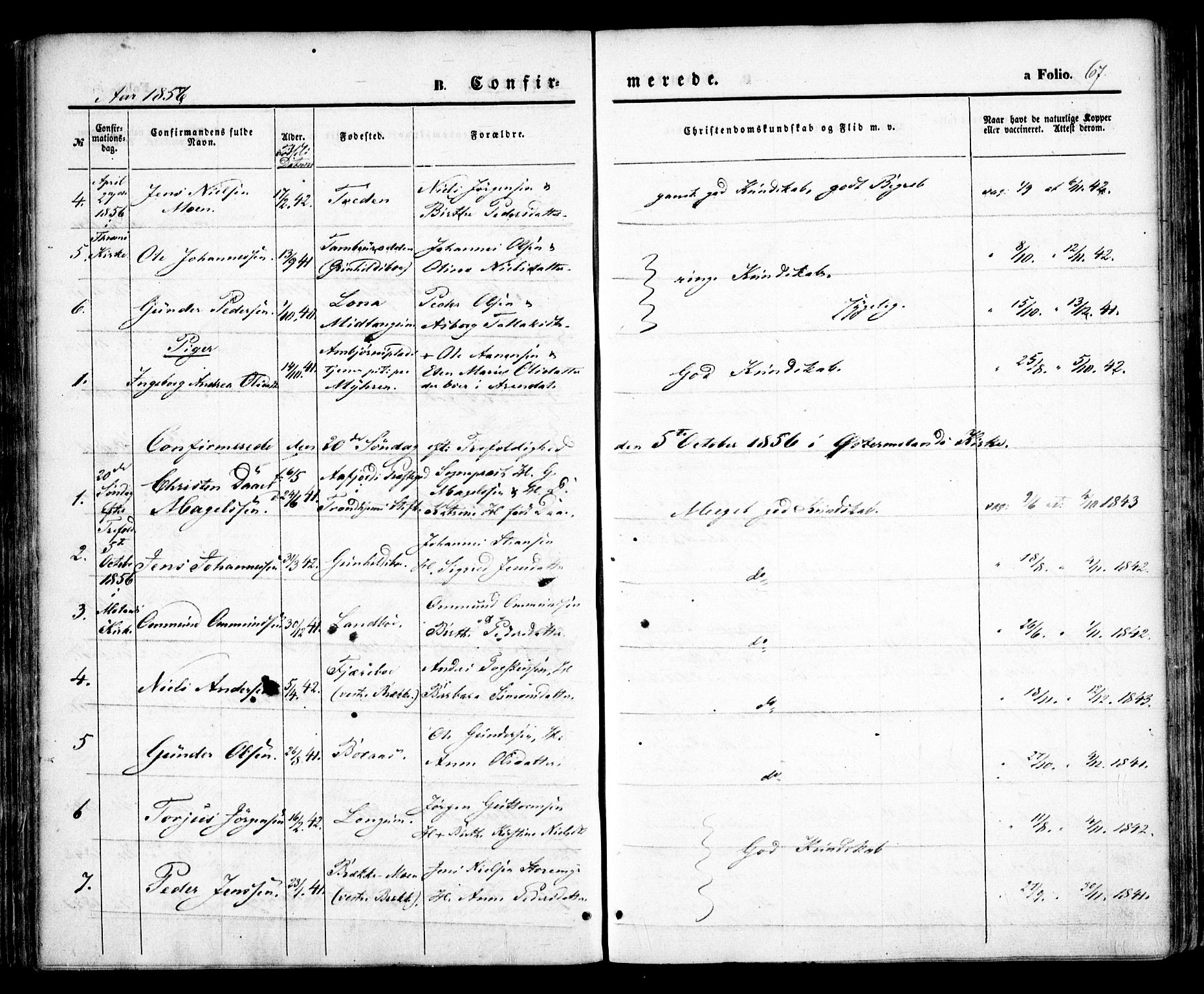Austre Moland sokneprestkontor, SAK/1111-0001/F/Fa/Faa/L0007: Parish register (official) no. A 7, 1847-1857, p. 67