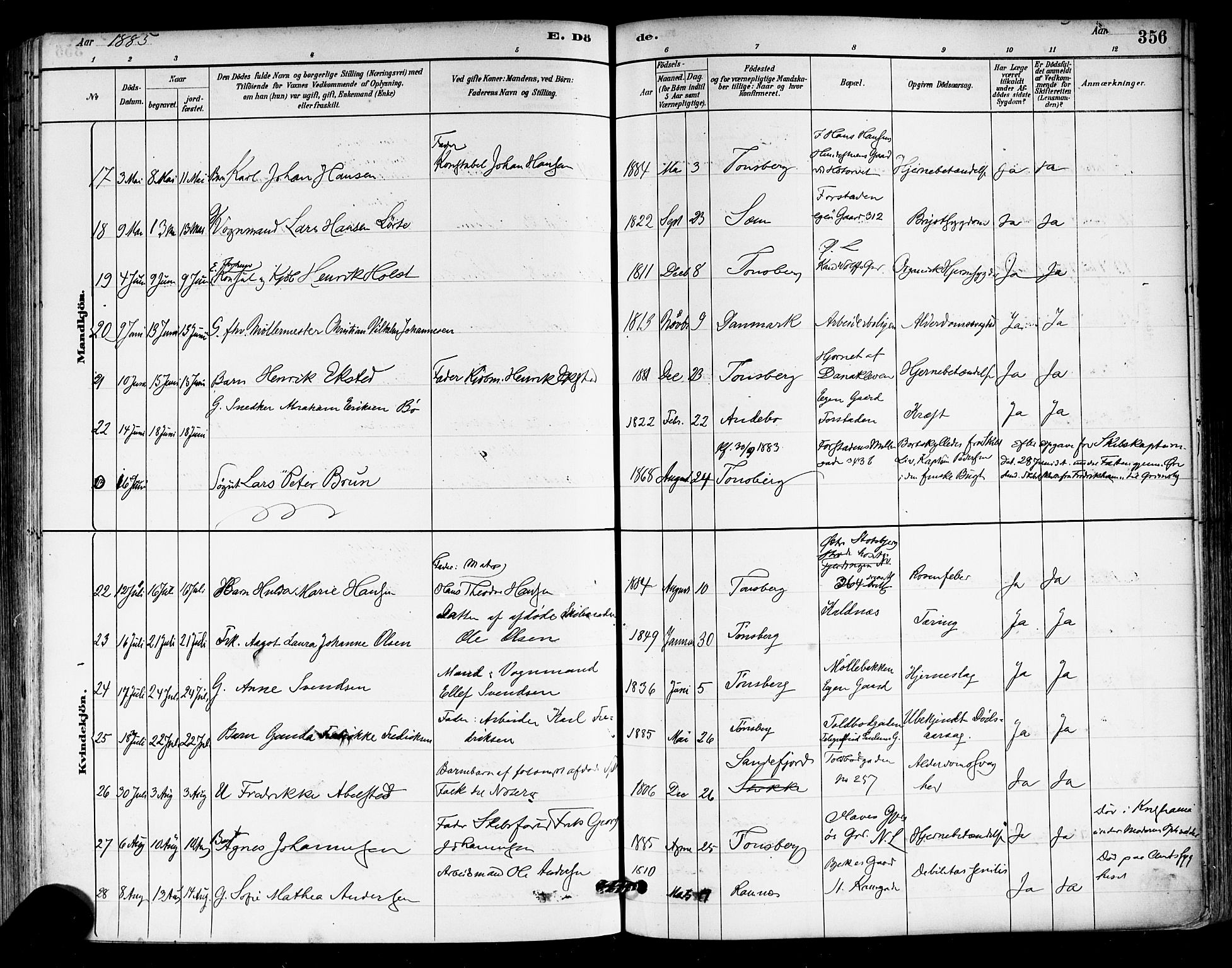 Tønsberg kirkebøker, AV/SAKO-A-330/F/Fa/L0011: Parish register (official) no. I 11, 1881-1890, p. 356