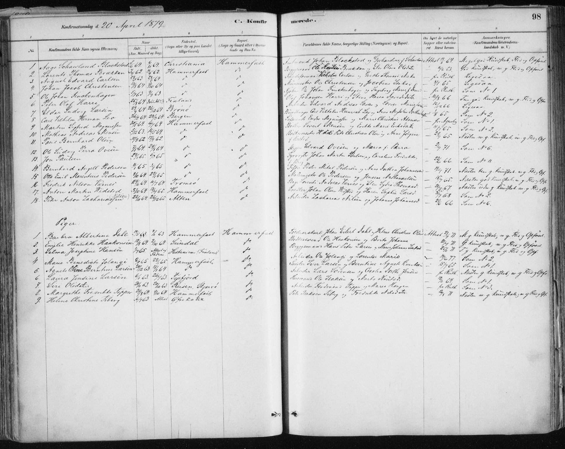 Hammerfest sokneprestkontor, SATØ/S-1347/H/Ha/L0008.kirke: Parish register (official) no. 8, 1878-1889, p. 98