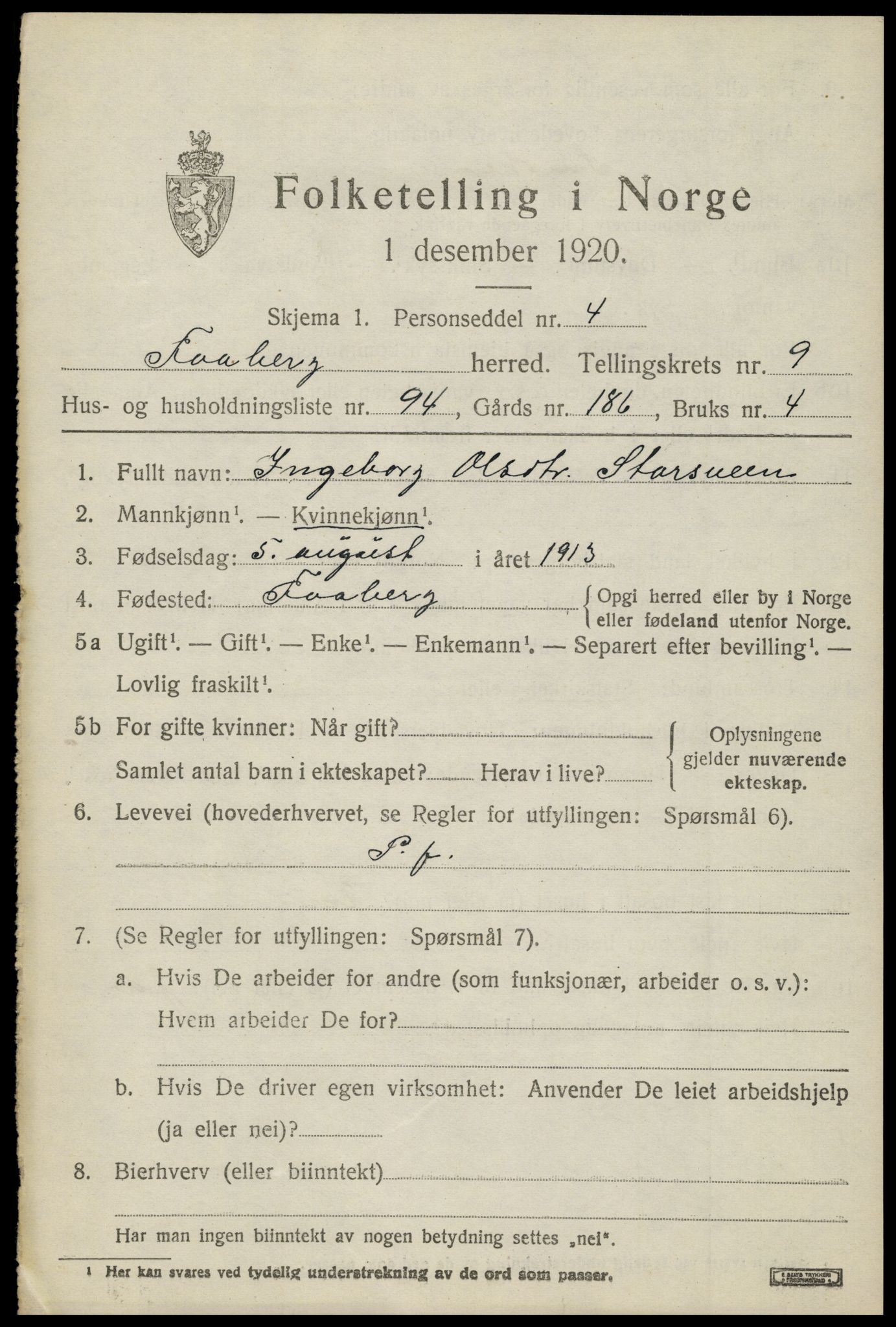 SAH, 1920 census for Fåberg, 1920, p. 11538