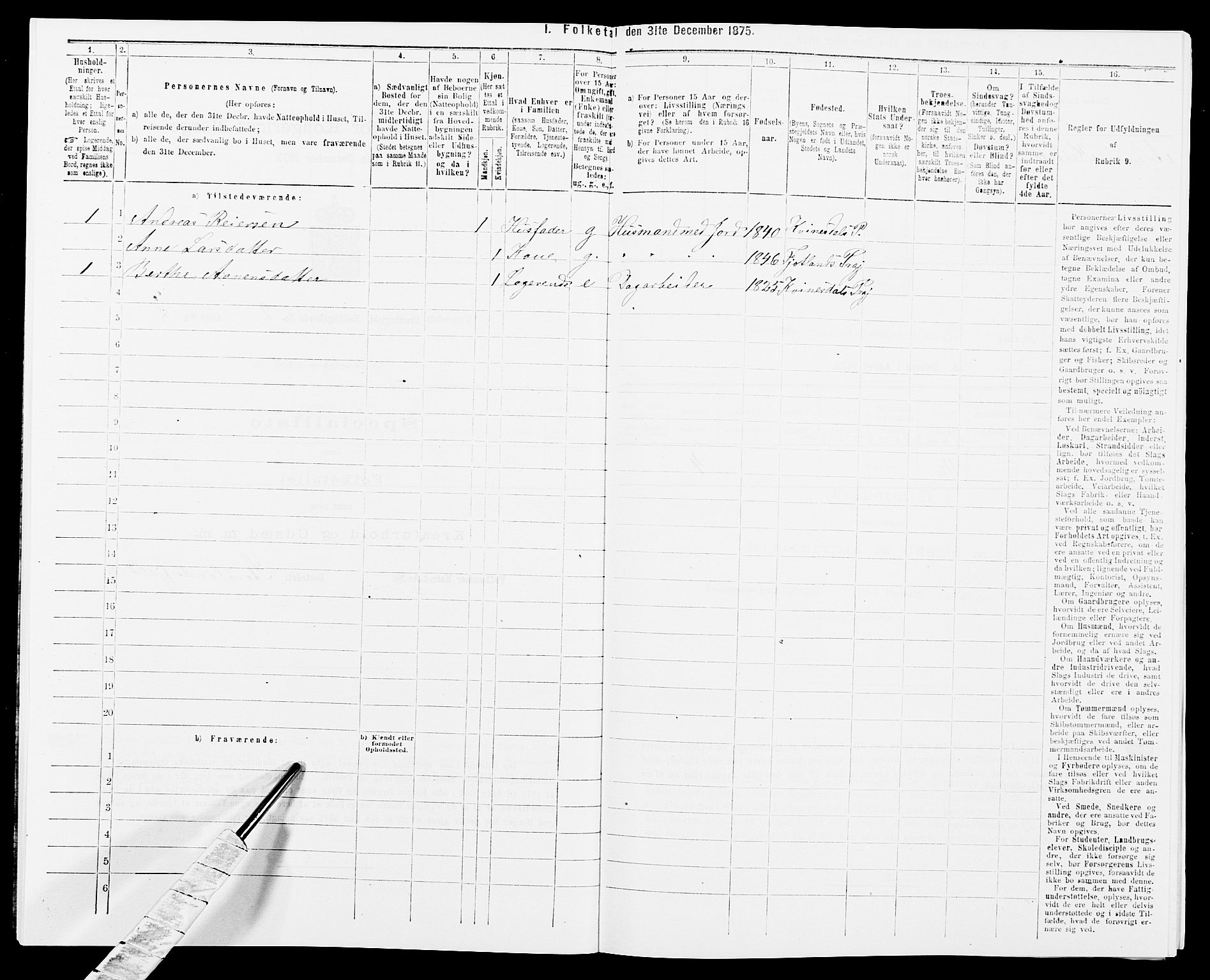 SAK, 1875 census for 1037P Kvinesdal, 1875, p. 288