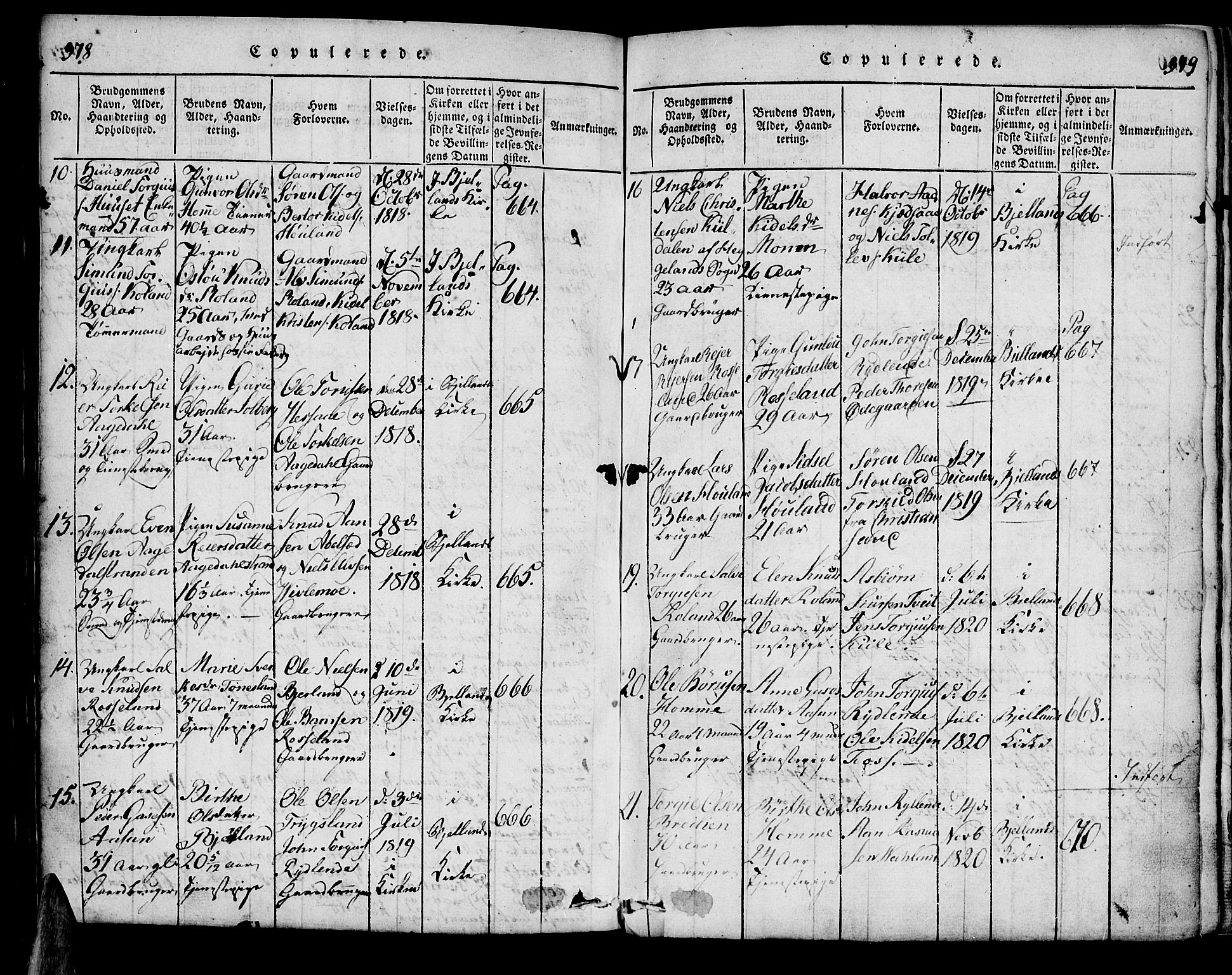 Bjelland sokneprestkontor, SAK/1111-0005/F/Fa/Faa/L0002: Parish register (official) no. A 2, 1816-1866, p. 378-379