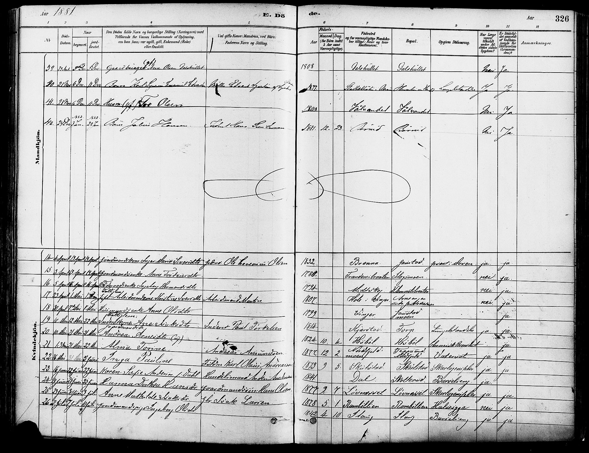 Eidskog prestekontor, AV/SAH-PREST-026/H/Ha/Haa/L0003: Parish register (official) no. 3, 1879-1892, p. 326