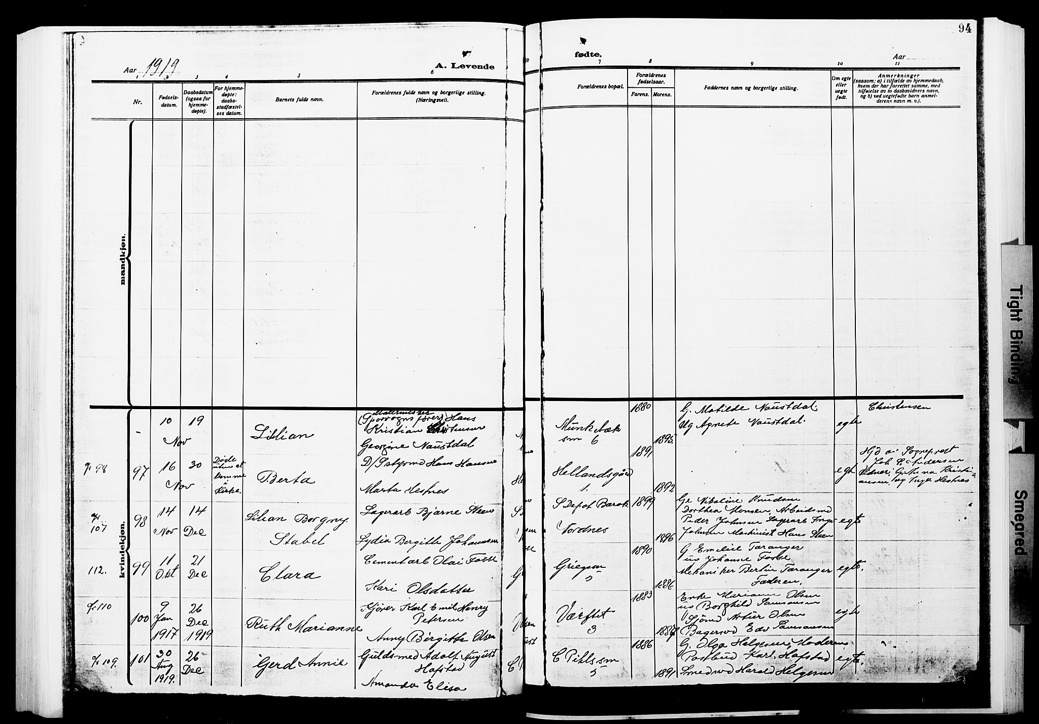 Nykirken Sokneprestembete, AV/SAB-A-77101/H/Hab: Parish register (copy) no. B 7, 1916-1921, p. 94