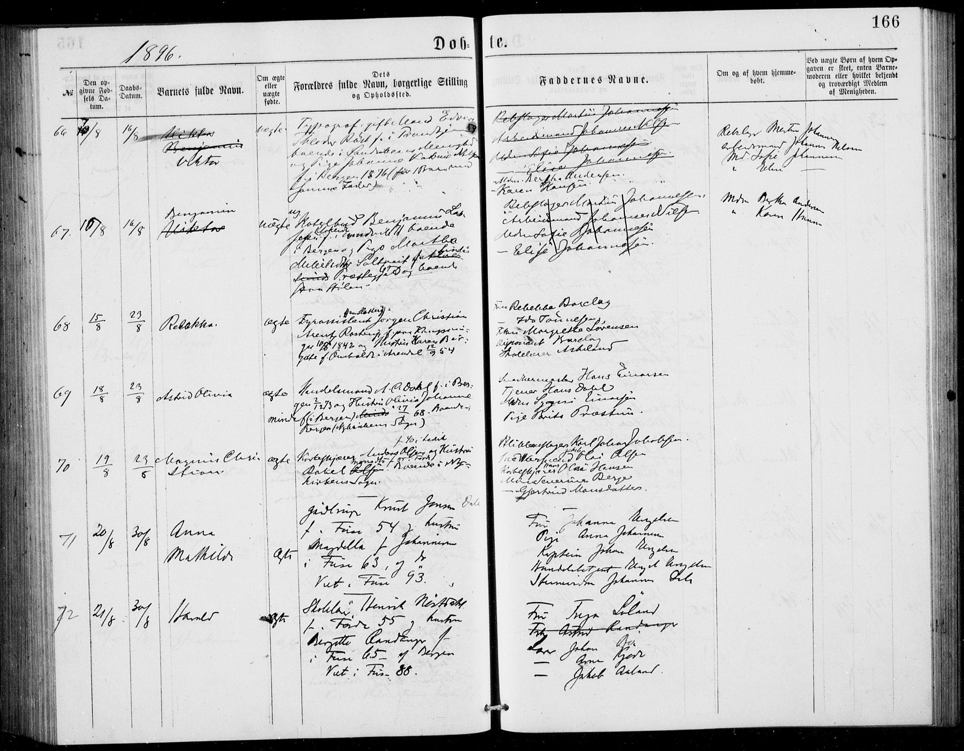 Fødselsstiftelsens sokneprestembete, ført av overlegen*, SAB/-: Parish register (official) no. A 2, 1884-1900, p. 166
