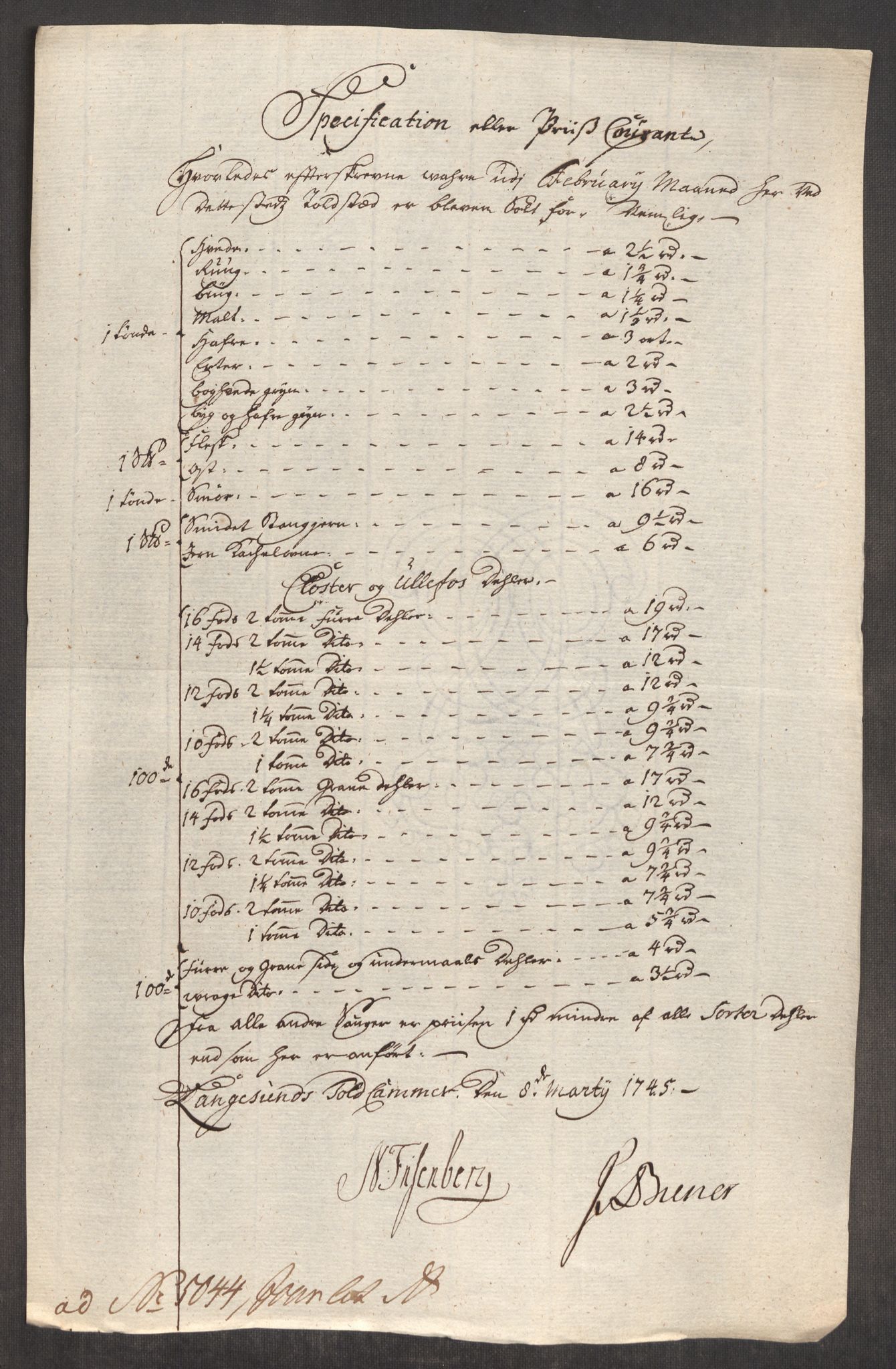 Rentekammeret inntil 1814, Realistisk ordnet avdeling, RA/EA-4070/Oe/L0003: [Ø1]: Priskuranter, 1745-1748, p. 122