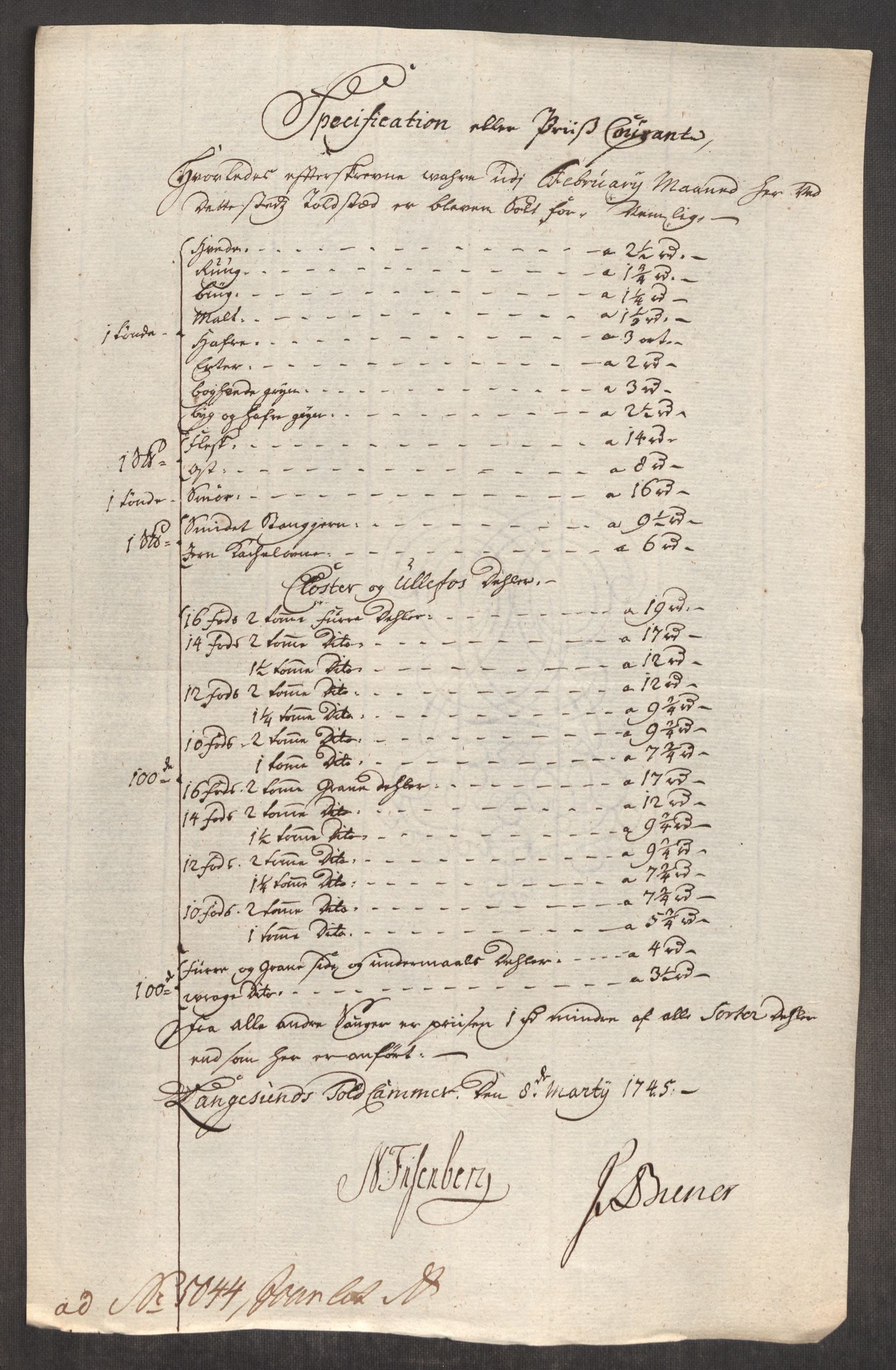 Rentekammeret inntil 1814, Realistisk ordnet avdeling, AV/RA-EA-4070/Oe/L0003: [Ø1]: Priskuranter, 1745-1748, p. 122