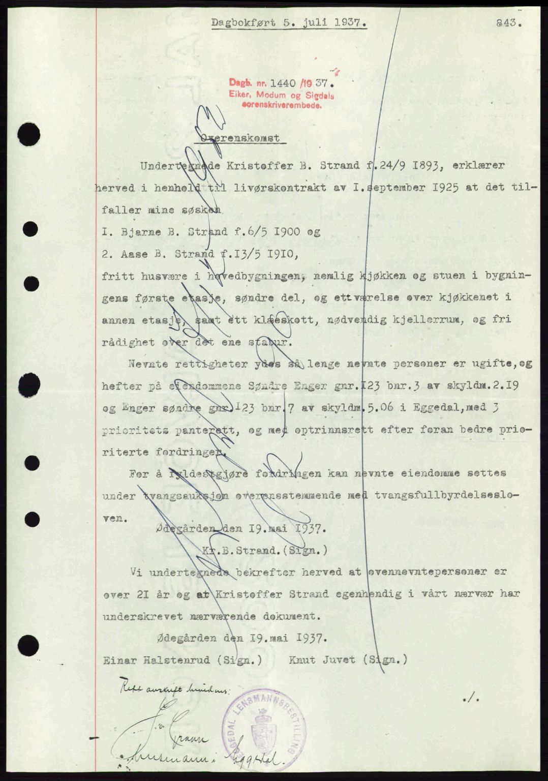 Eiker, Modum og Sigdal sorenskriveri, SAKO/A-123/G/Ga/Gab/L0035: Mortgage book no. A5, 1937-1937, Diary no: : 1440/1937