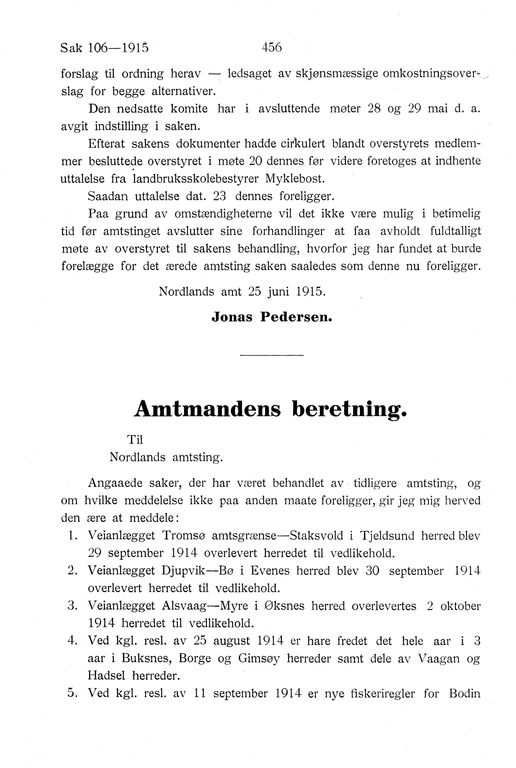 Nordland Fylkeskommune. Fylkestinget, AIN/NFK-17/176/A/Ac/L0038: Fylkestingsforhandlinger 1915, 1915