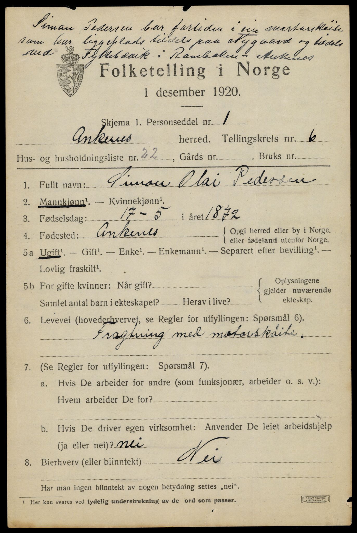 SAT, 1920 census for Ankenes, 1920, p. 3697