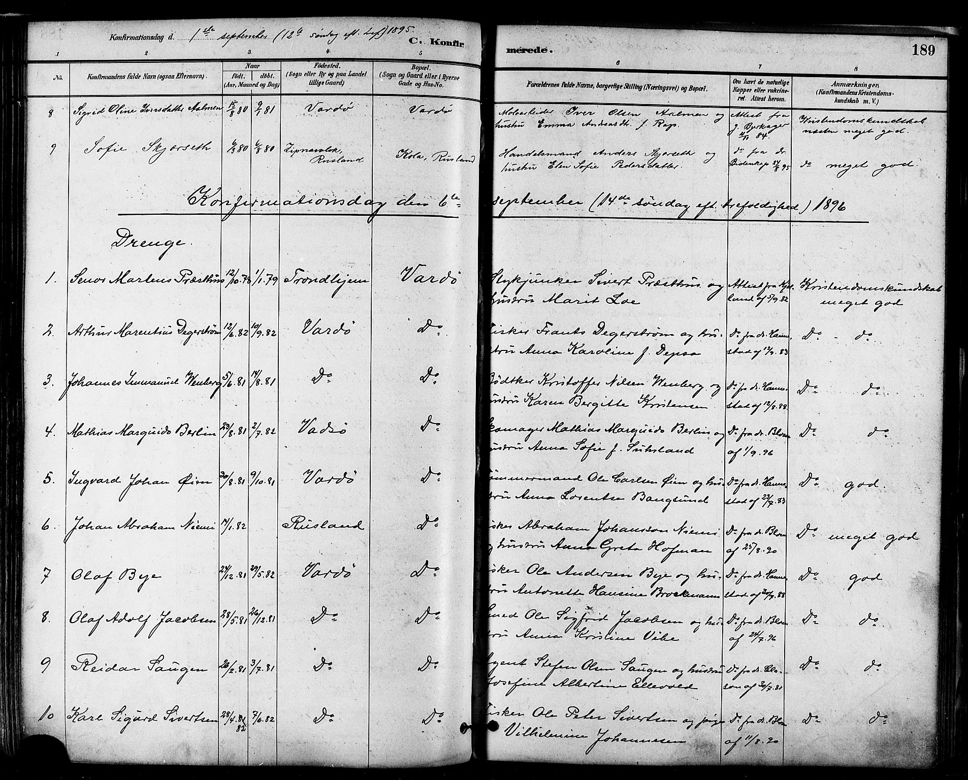 Vardø sokneprestkontor, AV/SATØ-S-1332/H/Ha/L0007kirke: Parish register (official) no. 7, 1886-1897, p. 189