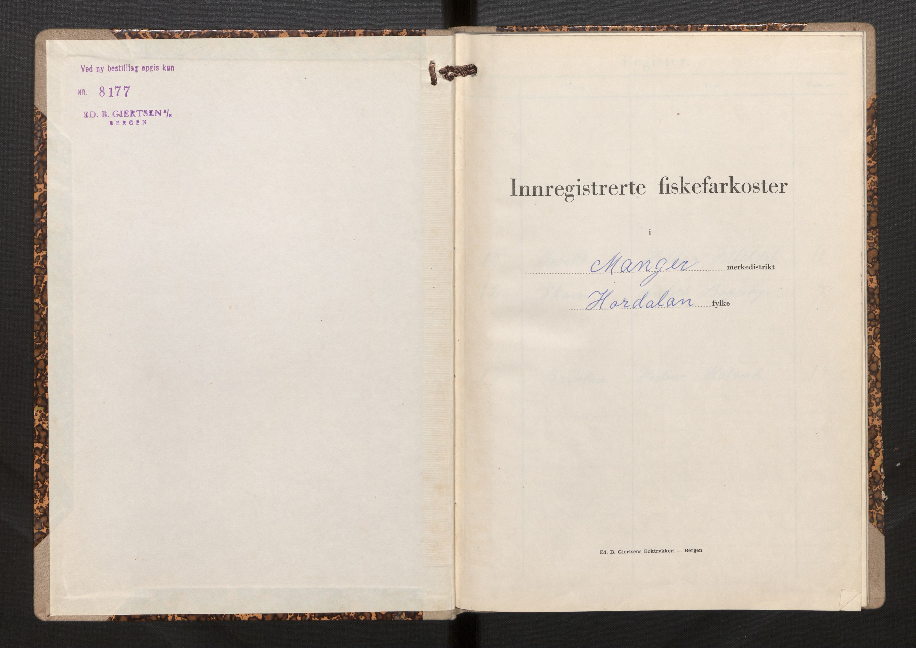 Fiskeridirektoratet - 1 Adm. ledelse - 13 Båtkontoret, AV/SAB-A-2003/I/Ia/Iah/L0088: 135.0830/2 Merkeprotokoll - Manger, 1958-1963