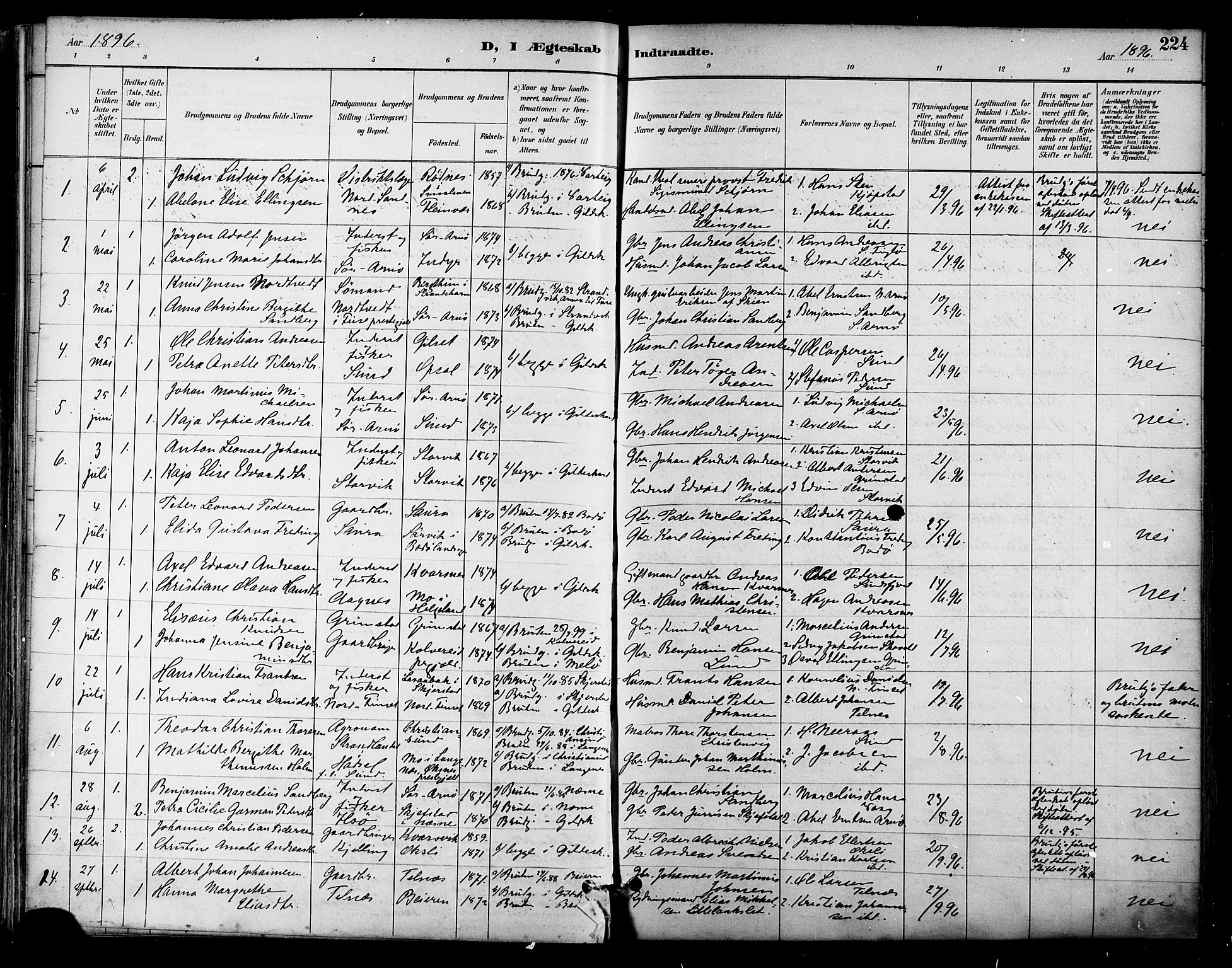Ministerialprotokoller, klokkerbøker og fødselsregistre - Nordland, SAT/A-1459/805/L0101: Parish register (official) no. 805A07, 1892-1899, p. 224