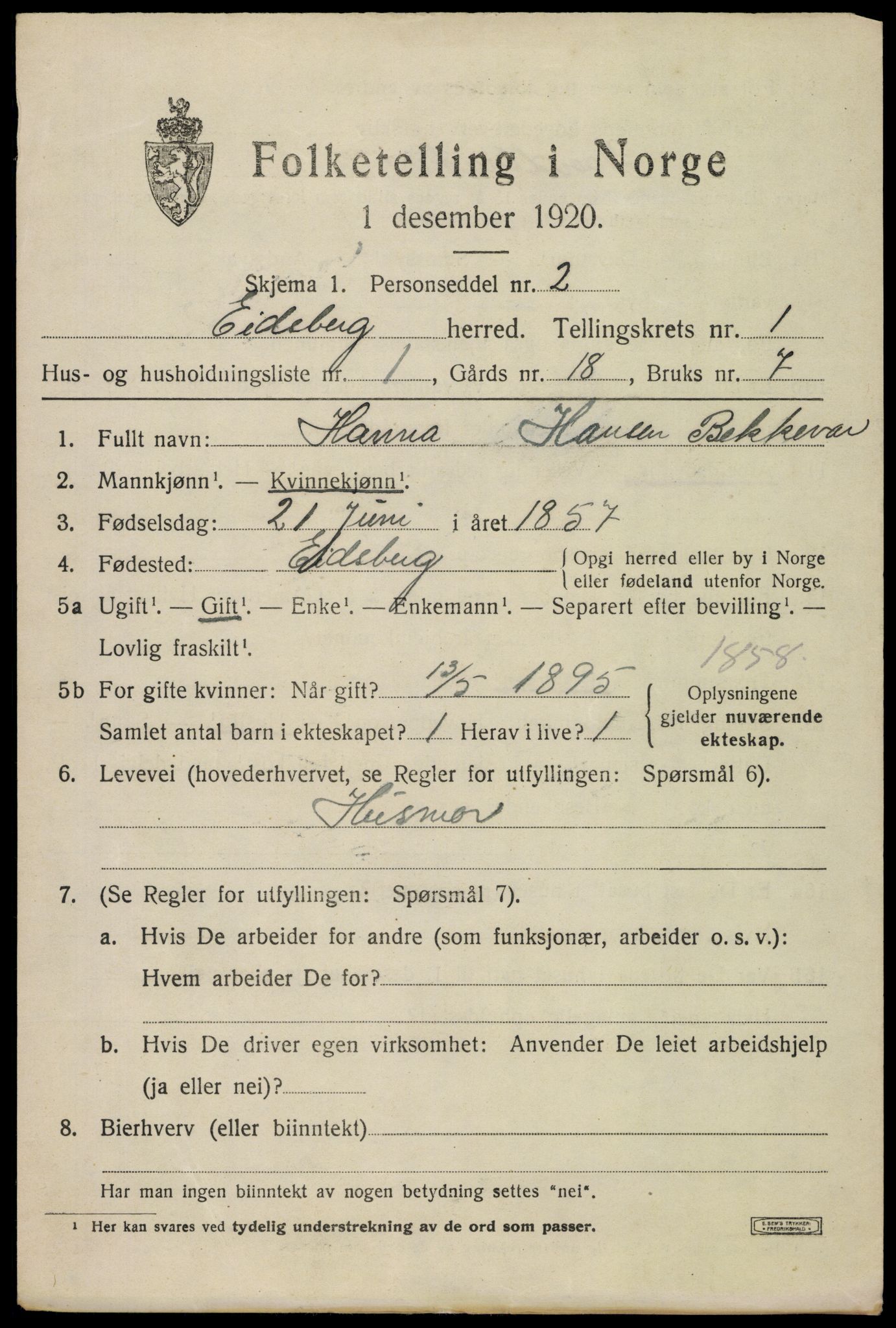 SAO, 1920 census for Eidsberg, 1920, p. 1949