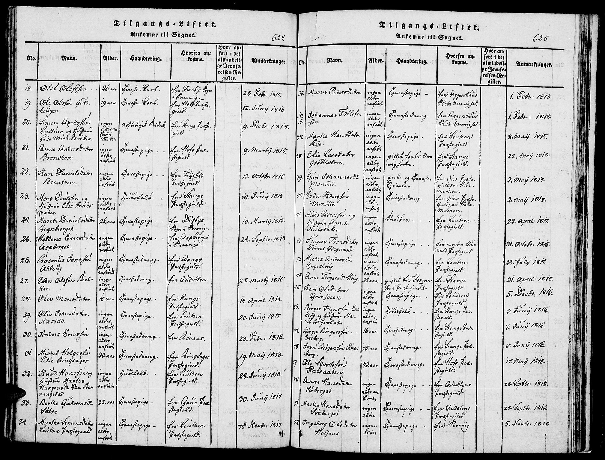 Romedal prestekontor, SAH/PREST-004/K/L0002: Parish register (official) no. 2, 1814-1828, p. 624-625