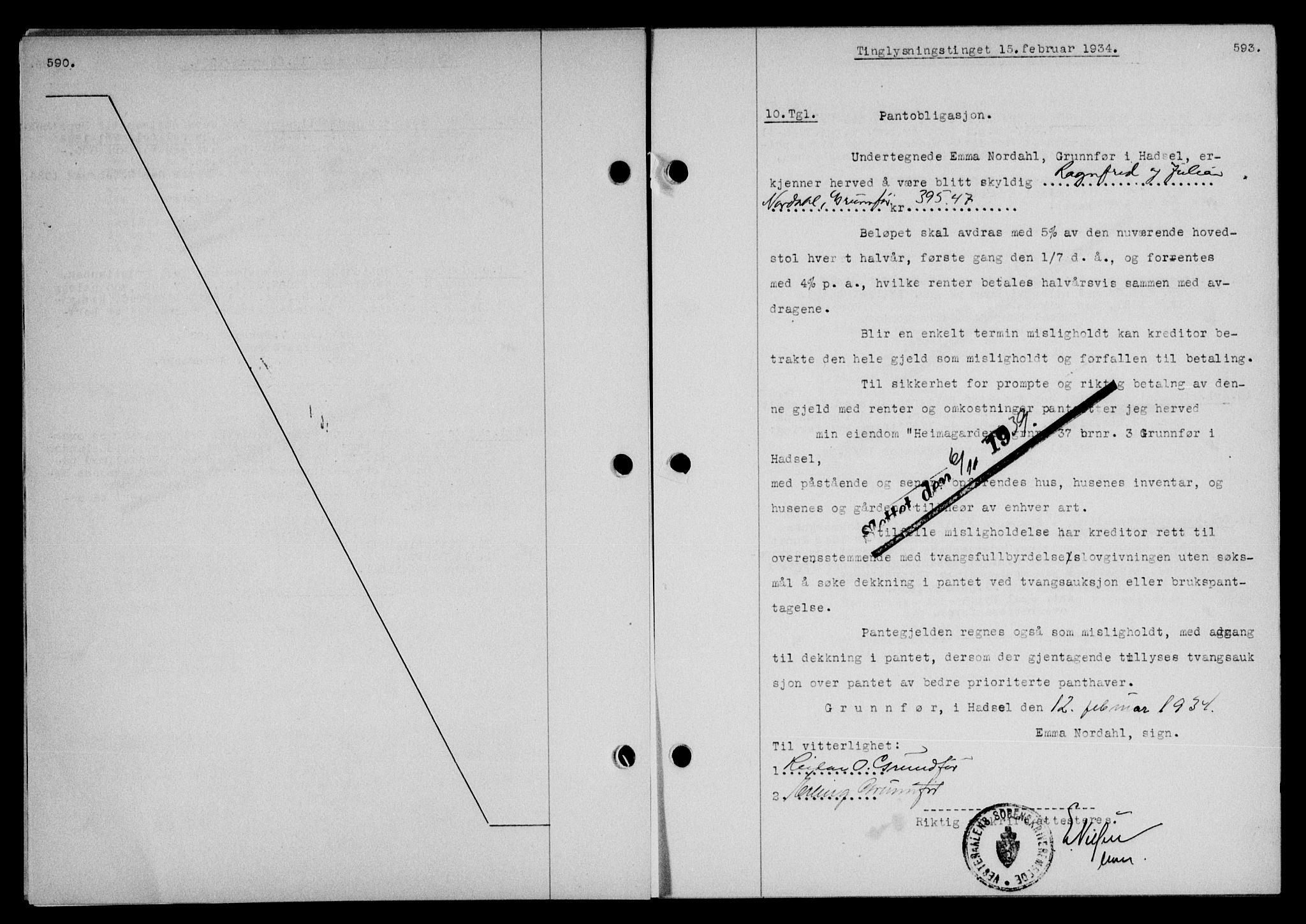 Vesterålen sorenskriveri, AV/SAT-A-4180/1/2/2Ca/L0059: Mortgage book no. 52, 1933-1934, Deed date: 15.02.1934