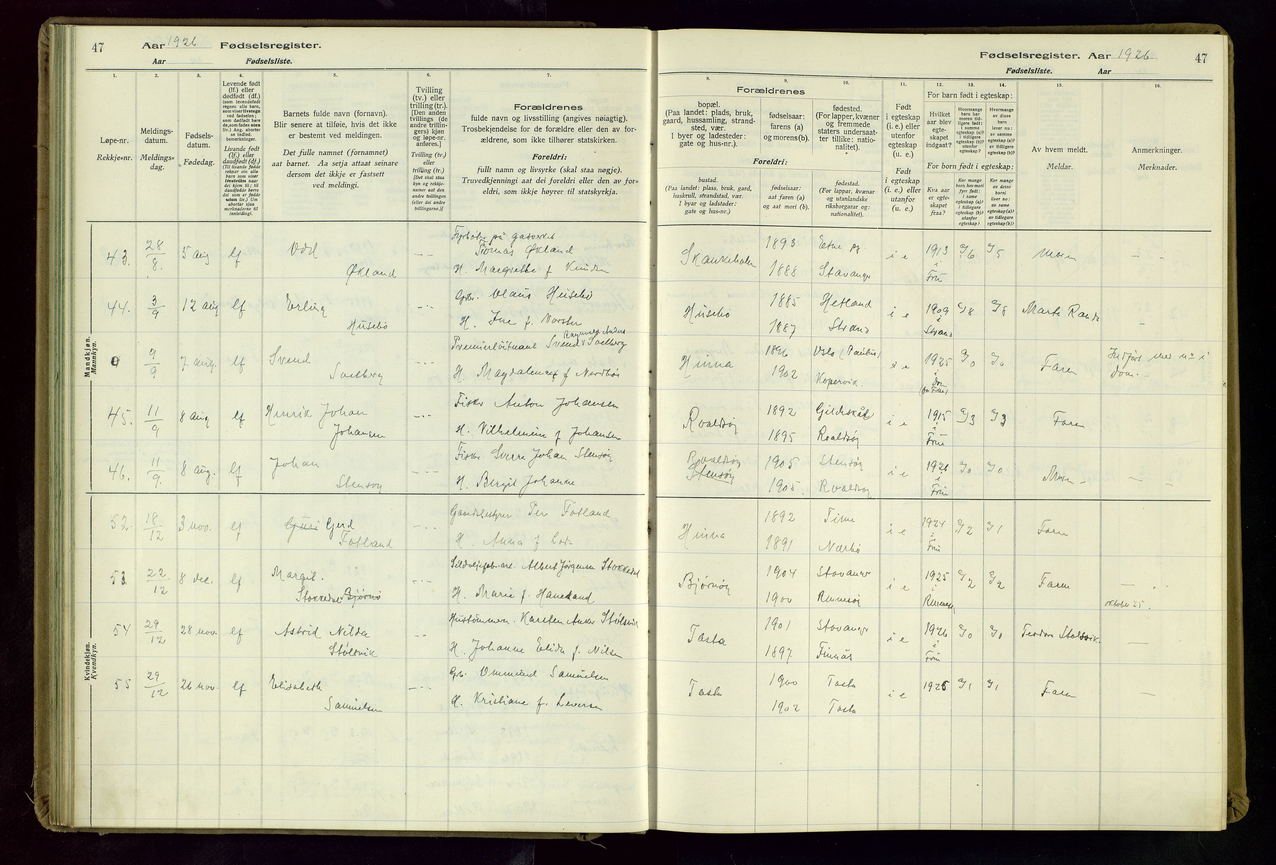 Hetland sokneprestkontor, AV/SAST-A-101826/70/704BA/L0004: Birth register no. 4, 1923-1937, p. 47