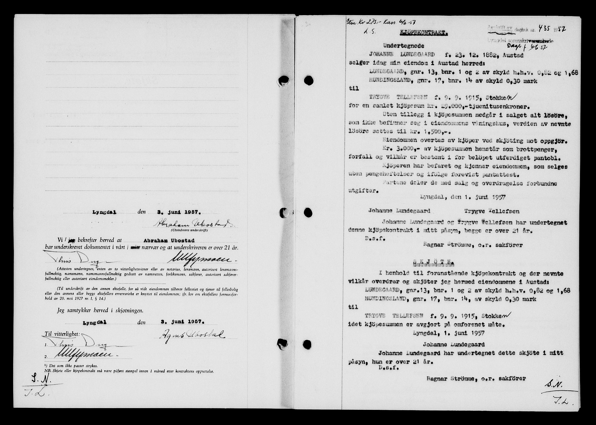 Lyngdal sorenskriveri, AV/SAK-1221-0004/G/Gb/L0676: Mortgage book no. A XXII, 1957-1957, Diary no: : 435/1957