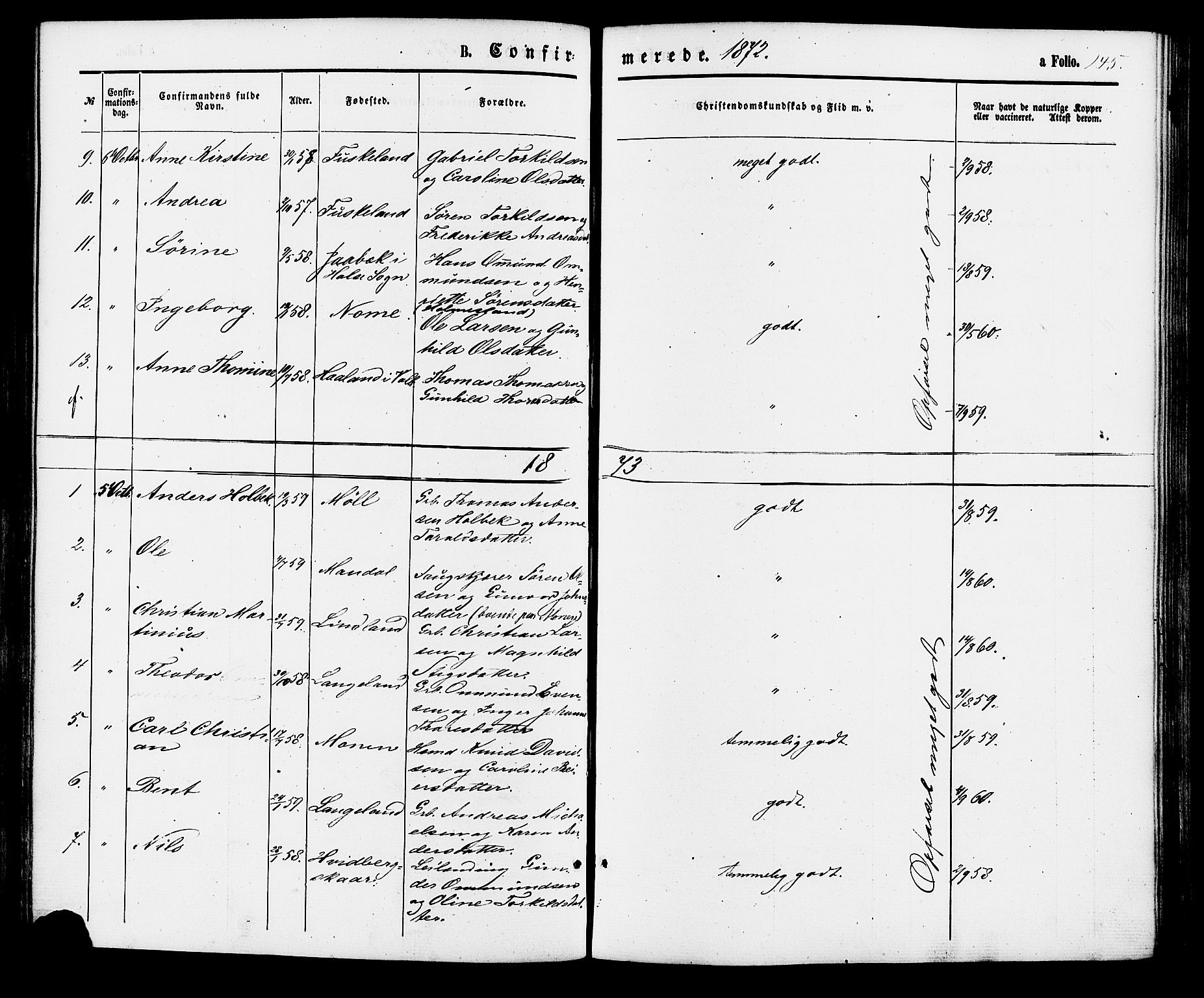 Holum sokneprestkontor, AV/SAK-1111-0022/F/Fa/Faa/L0006: Parish register (official) no. A 6, 1865-1883, p. 145