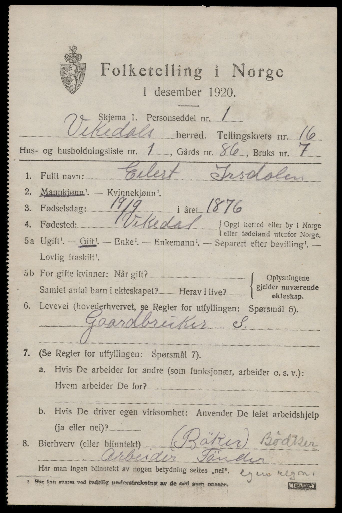 SAST, 1920 census for Vikedal, 1920, p. 4775