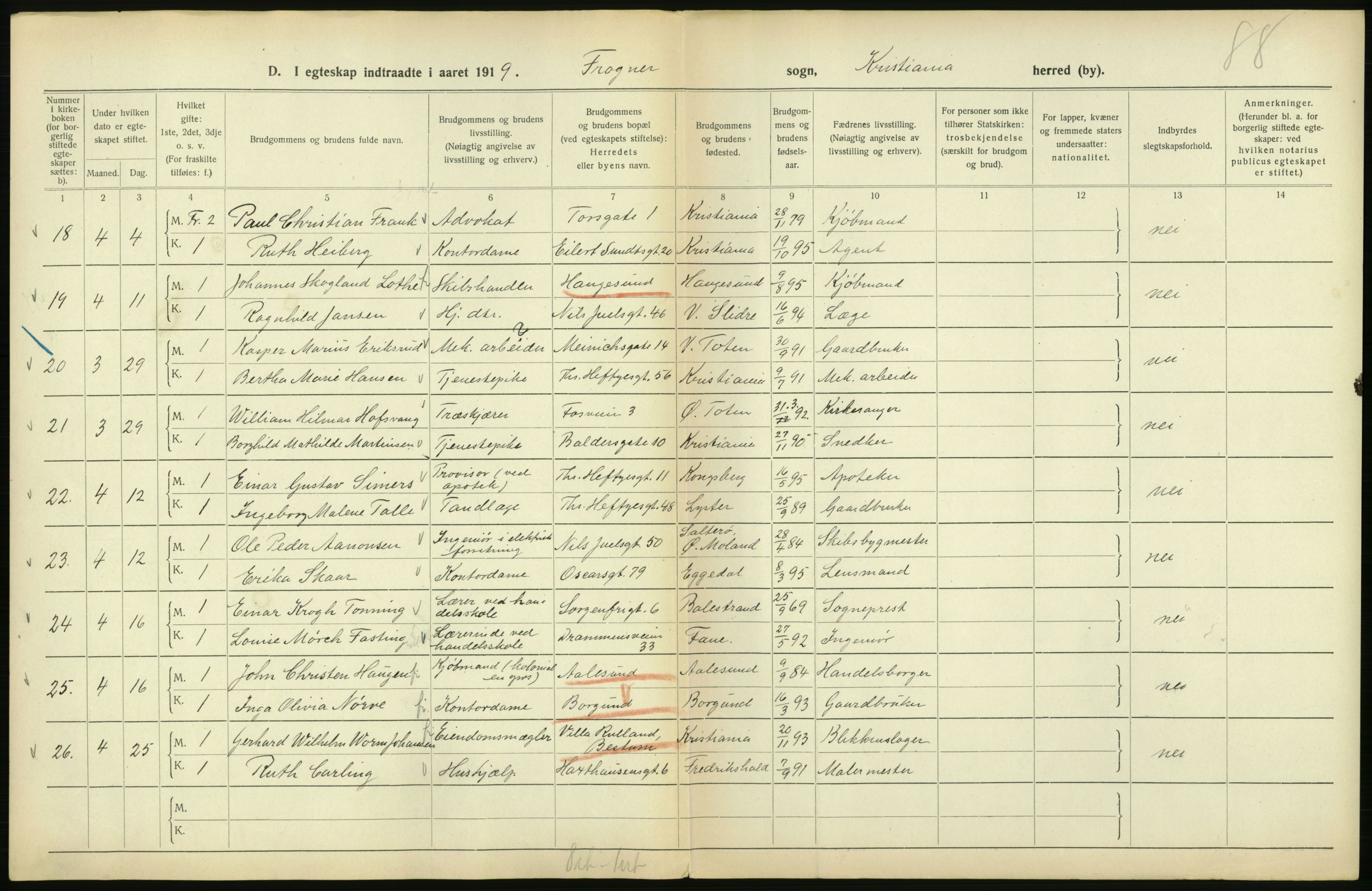 Statistisk sentralbyrå, Sosiodemografiske emner, Befolkning, RA/S-2228/D/Df/Dfb/Dfbi/L0009: Kristiania: Gifte, 1919, p. 176