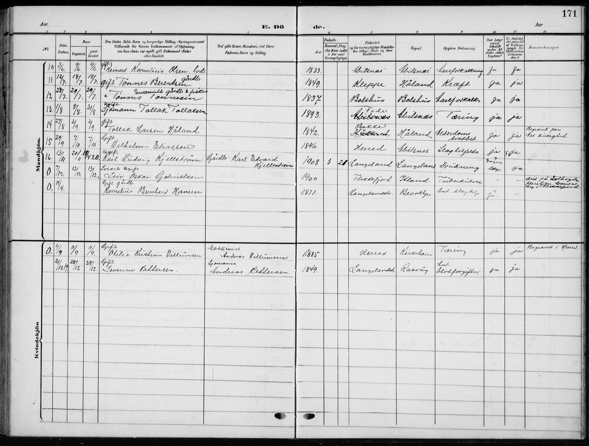 Flekkefjord sokneprestkontor, AV/SAK-1111-0012/F/Fb/Fbb/L0005: Parish register (copy) no. B 5, 1908-1927, p. 171