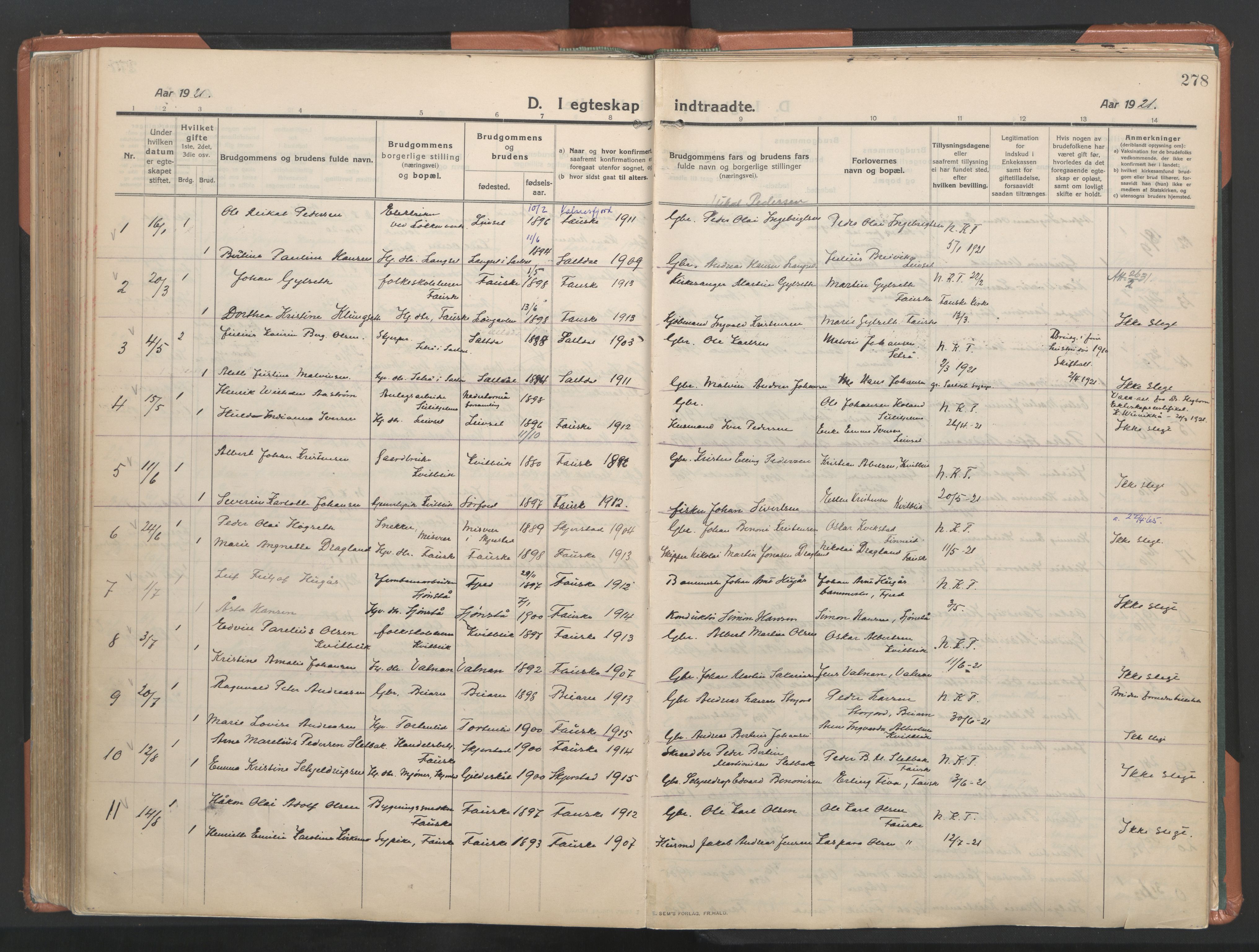 Ministerialprotokoller, klokkerbøker og fødselsregistre - Nordland, SAT/A-1459/849/L0698: Parish register (official) no. 849A09, 1911-1924, p. 278